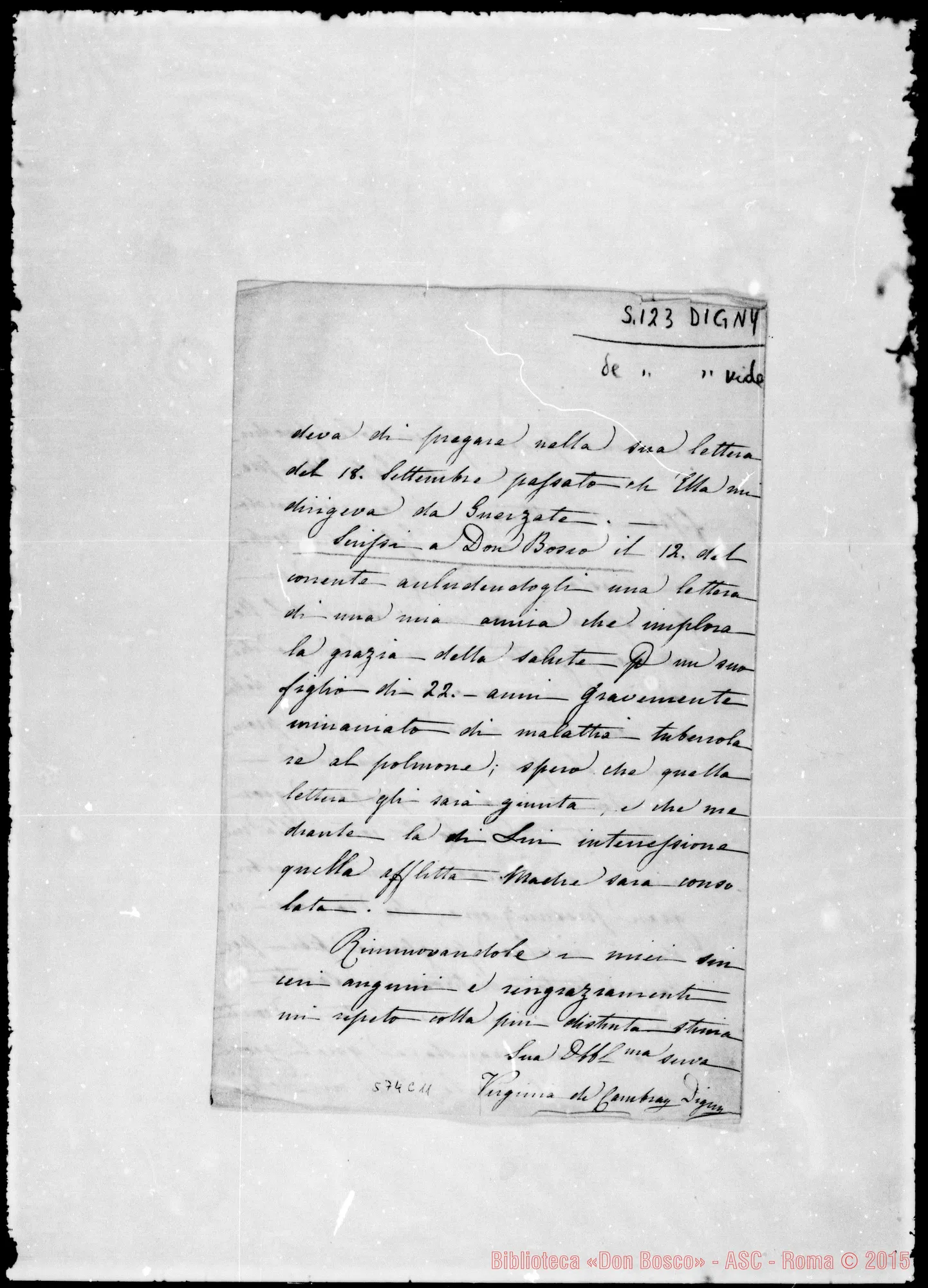 Fotogramma C 11 — Digny, contessa. Lettere: Virginia de Cambray Digny-Gentil.mo Sig. Conte