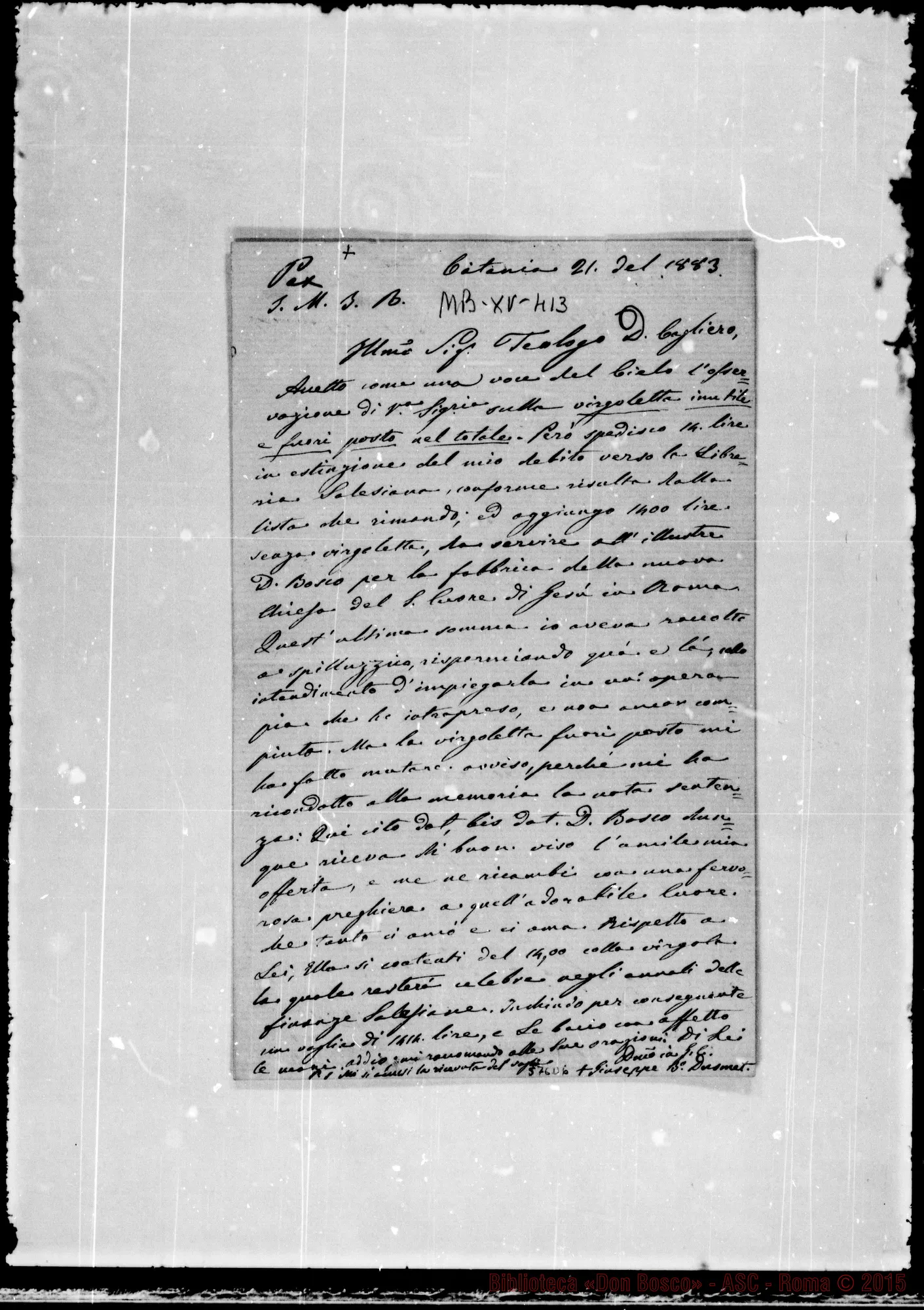 Fotogramma D 6 — Dusmet Giuseppe Benedetto, card. O.S.B. Lettera: Dusmet-Cagliero