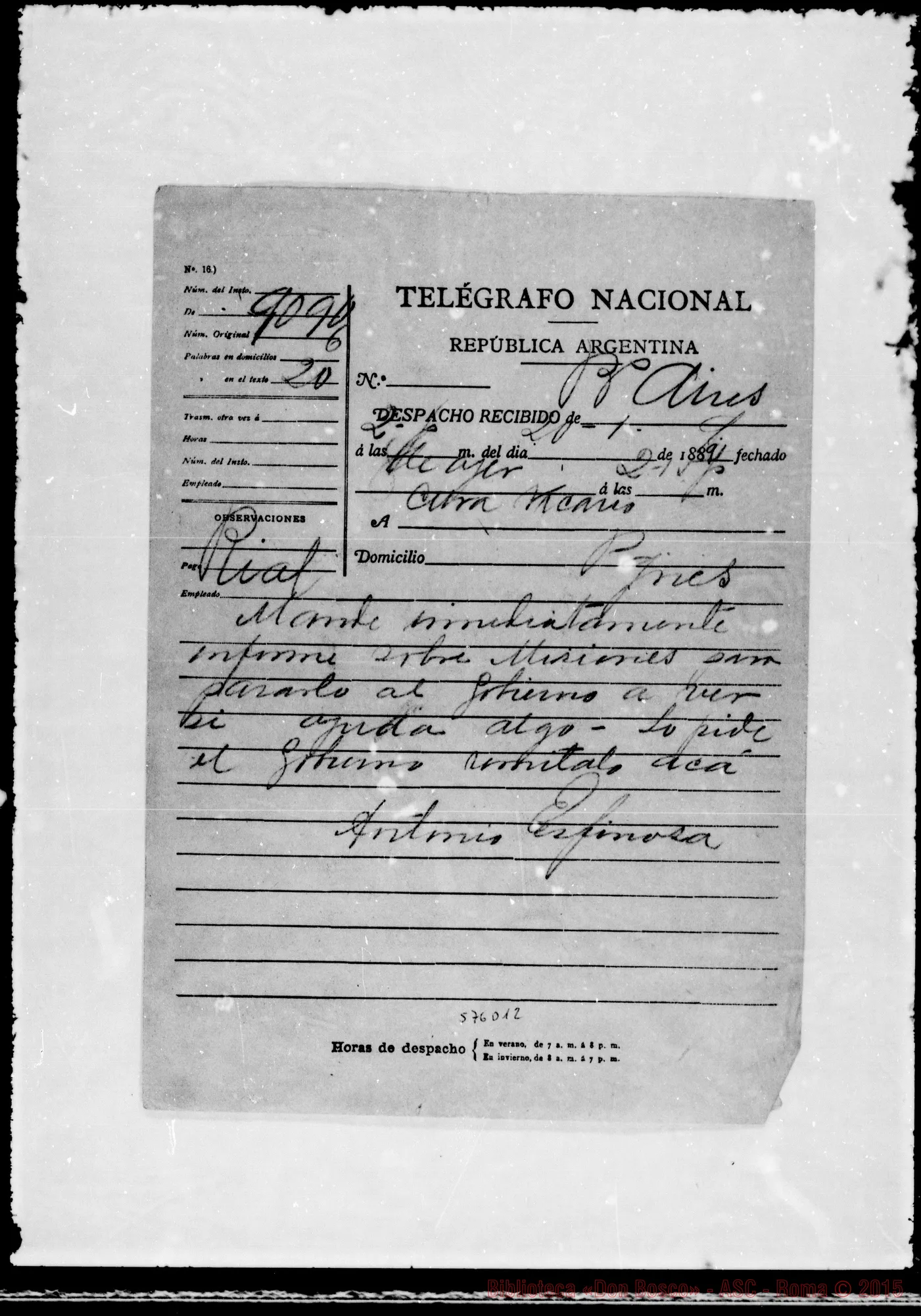 Fotogramma D 12 — Espinosa Antonio, sac. Due telegrammi