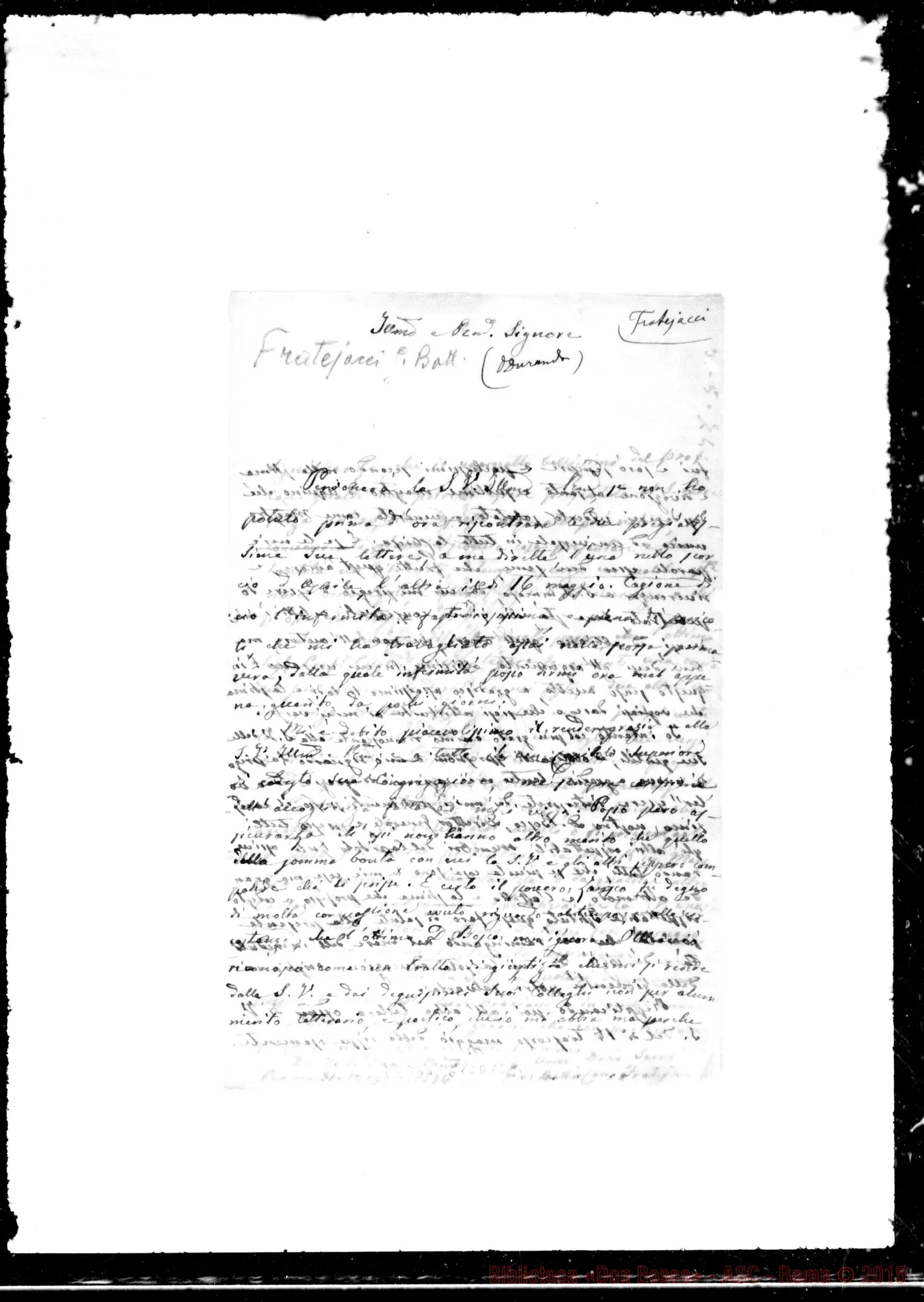 Fotogramma D 12 — Fratejacci Giovanni Battista, sac. Lettera: Fratejacci-Durando