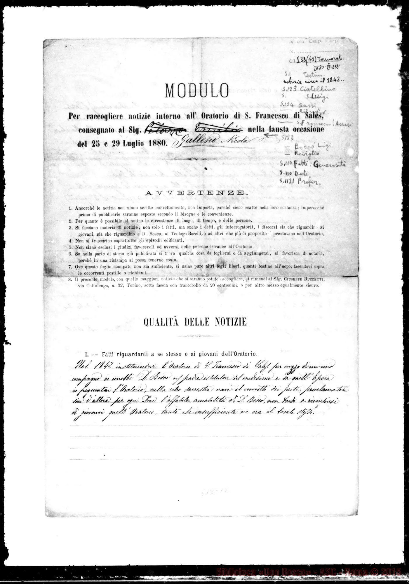 Fotogramma C 12 — Gallesio Nicola. «Modulo per raccogliere notizie…»