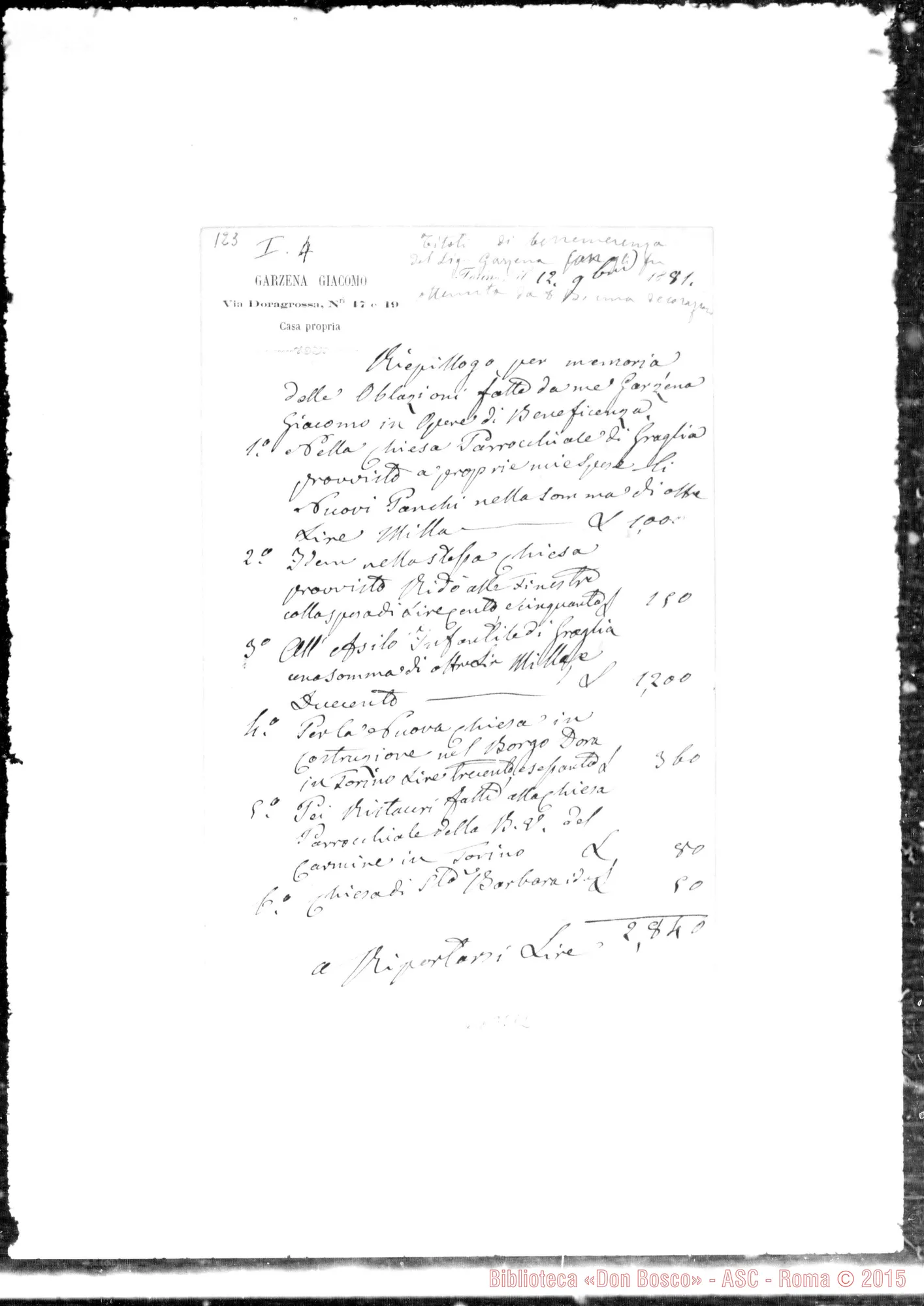 Fotogramma E 12 — Garzena Giacomo. Promemoria… delle oblazioni fatte…