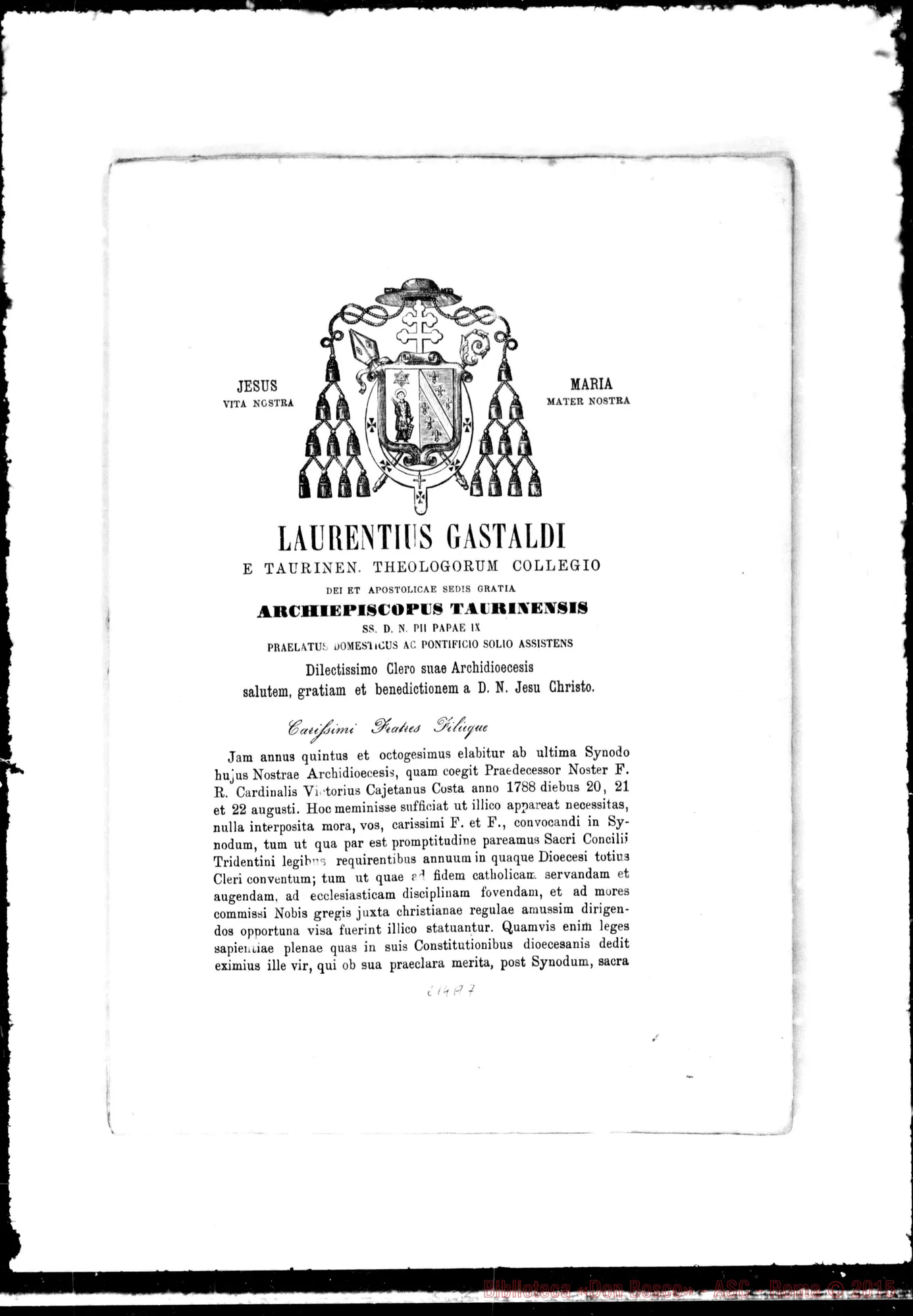Fotogramma A 7 — GASTALDI Lorenzo, arcivesc. di Torino. «Indictio synodis dioecesanae»