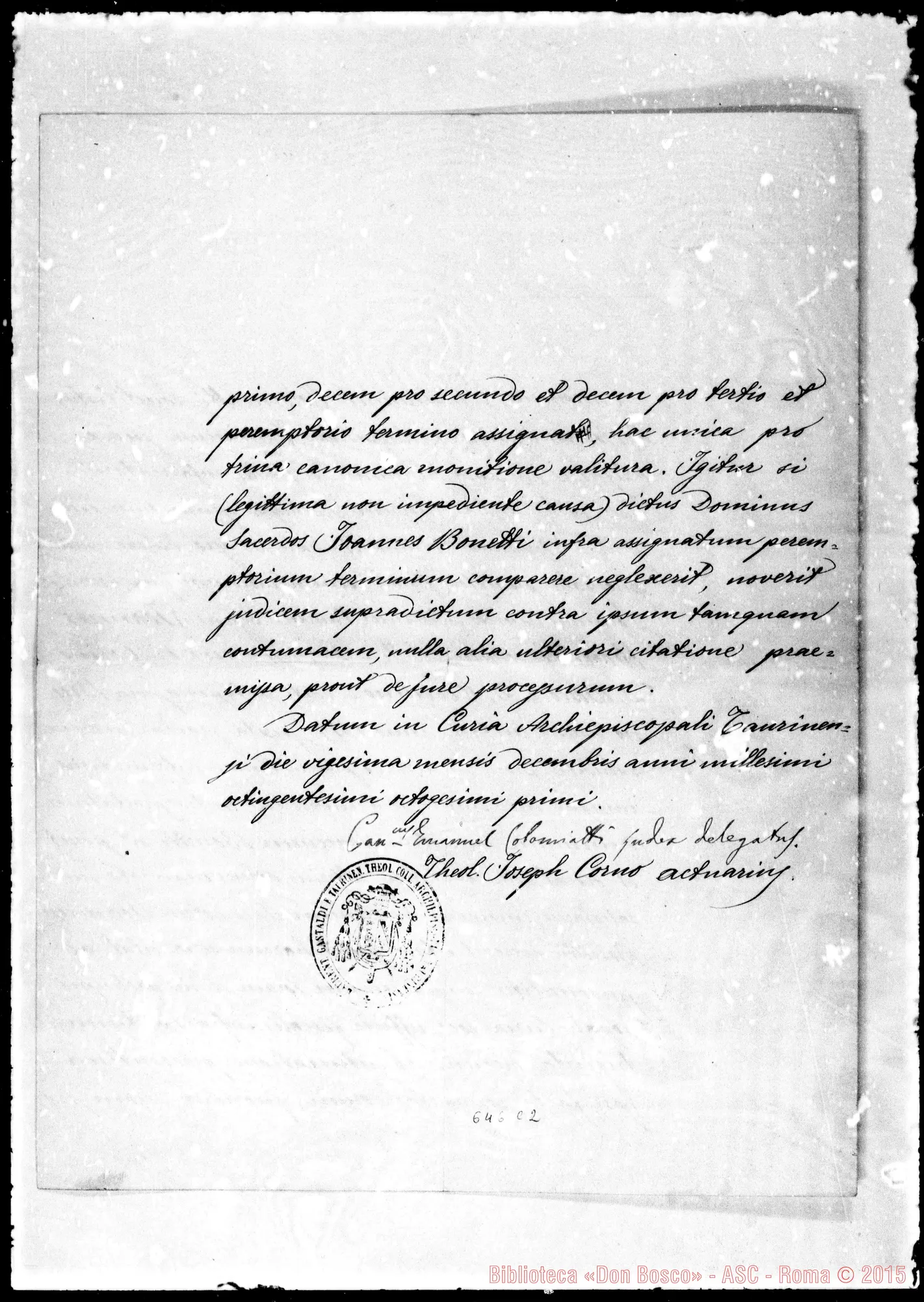 Fotogramma C 2 — Canonicus Emmanuel Colomiatti, constitutus iudex delegatus…