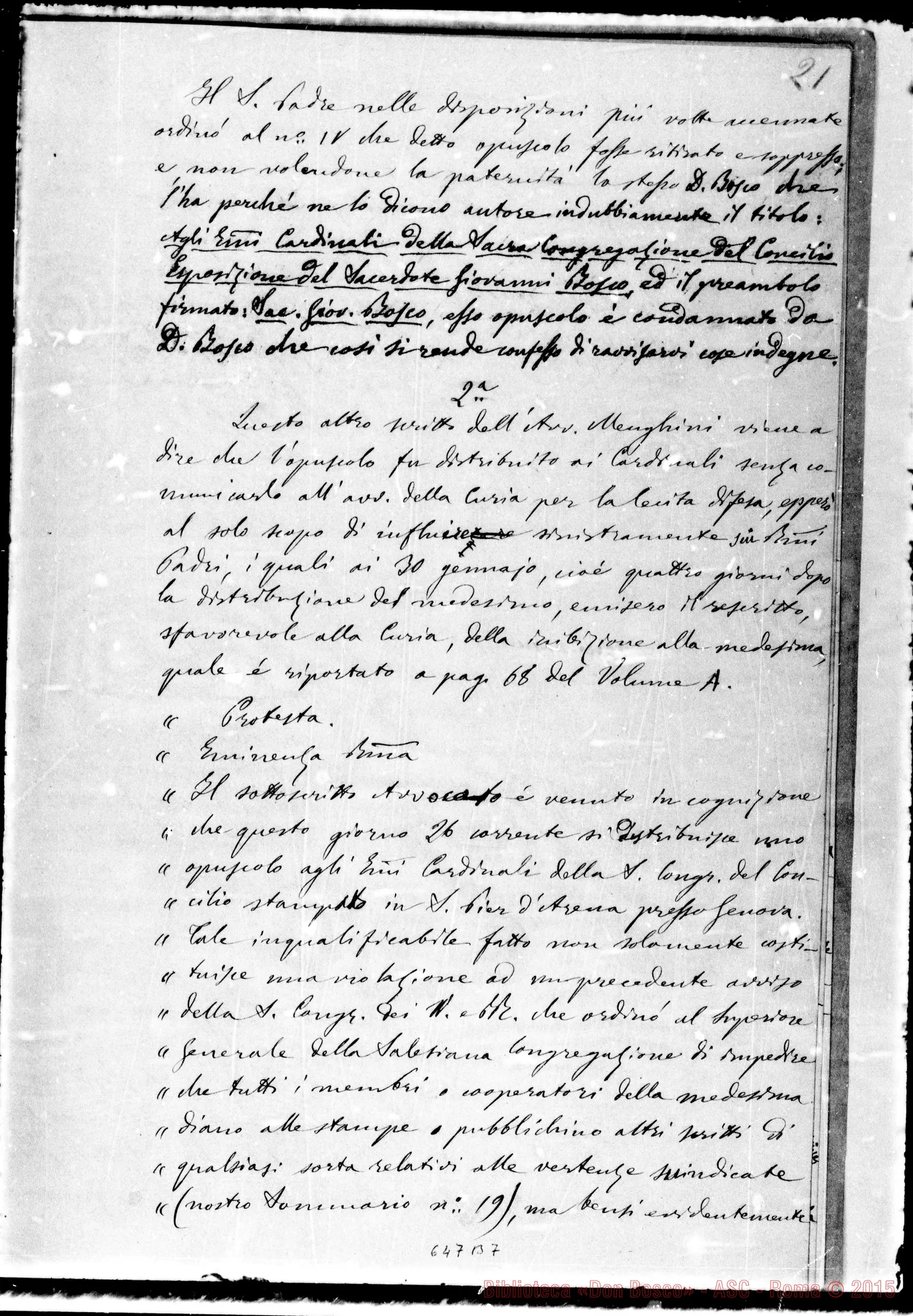 Fotogramma B 7 — Colomiatti espone il perché rifiuta di prendere parte al processo di Beatificazione E Can. di D. Bosco. 12-12-1890