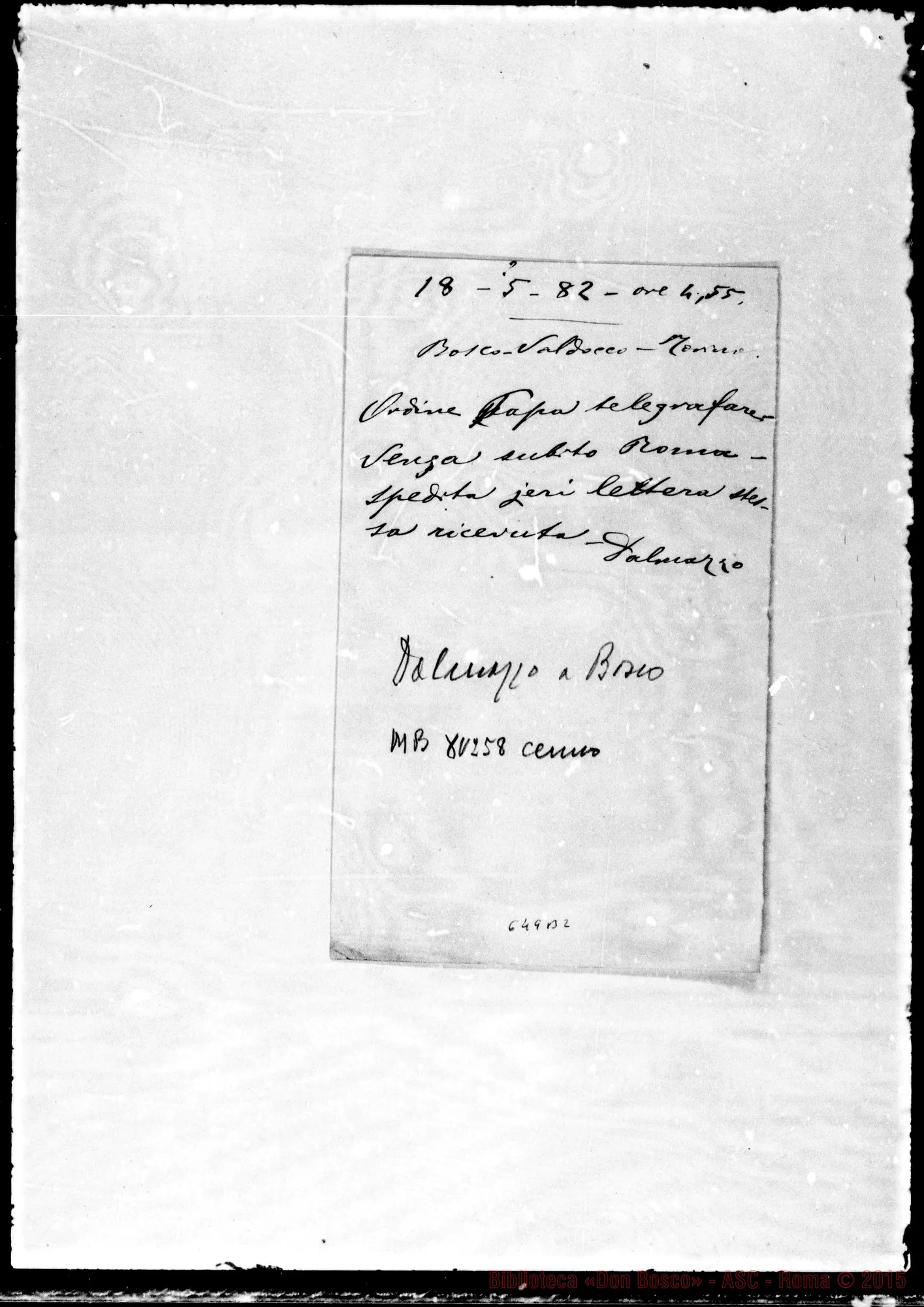 Fotogramma B 2 — »-Bosco. 18- 5-1882. Telegramma