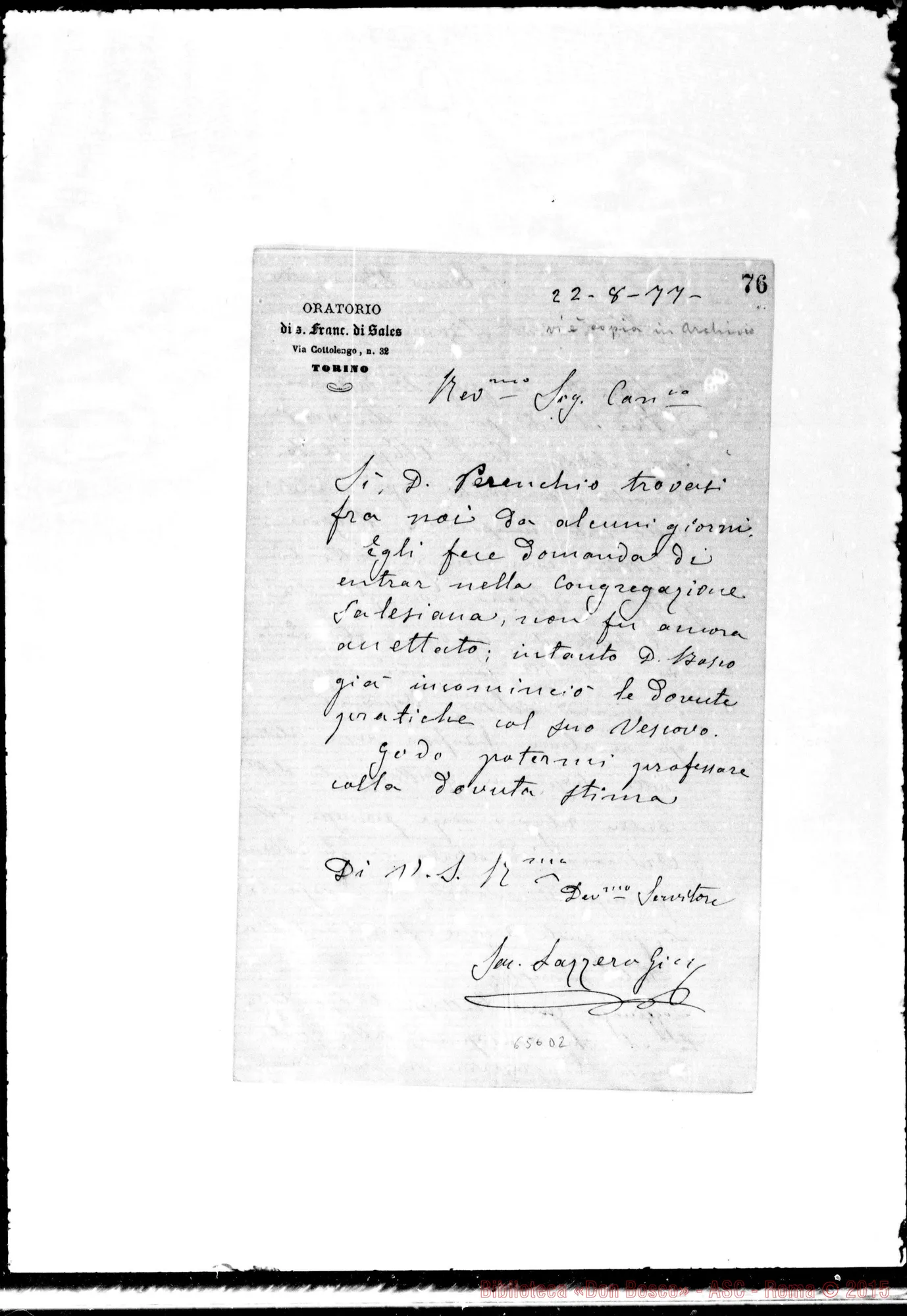Fotogramma D 2 — Lazzero-Sig. Can. 22- 8-1877. Acclusa lettera Gastaldi