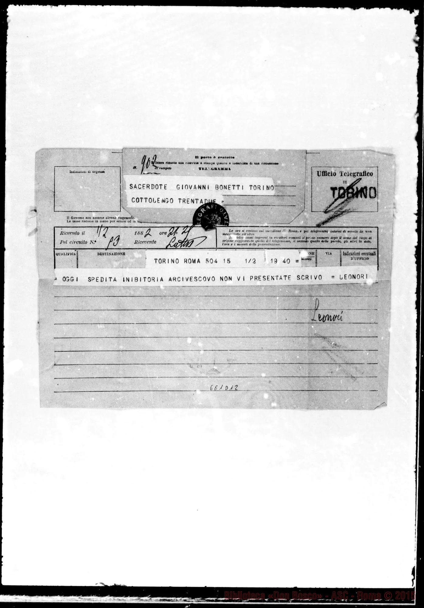 Fotogramma D 12 — » »-Bonetti. 1882. Telegramma