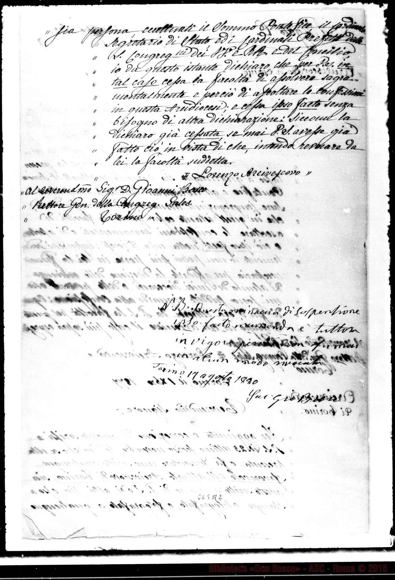 Fotogramma A 2 — Allegato C: Lettera di Mons. Gastaldi. Autogr. Bosco