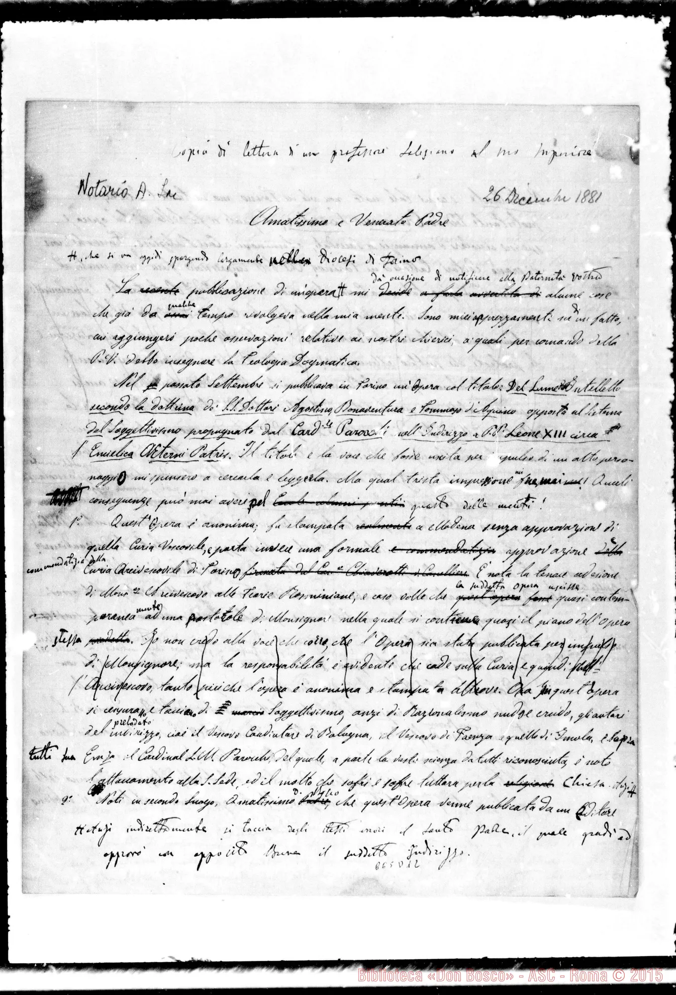Fotogramma D 12 — Notario, sac. Venerat.mo Padre. 26-12-1881. Copia con annotazioni Bonetti