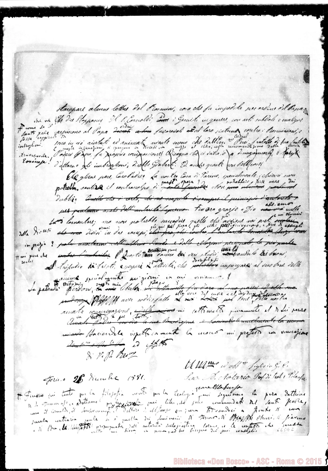 Fotogramma E 2 — Notario, sac. Venerat.mo Padre. 26-12-1881. Copia con annotazioni Bonetti
