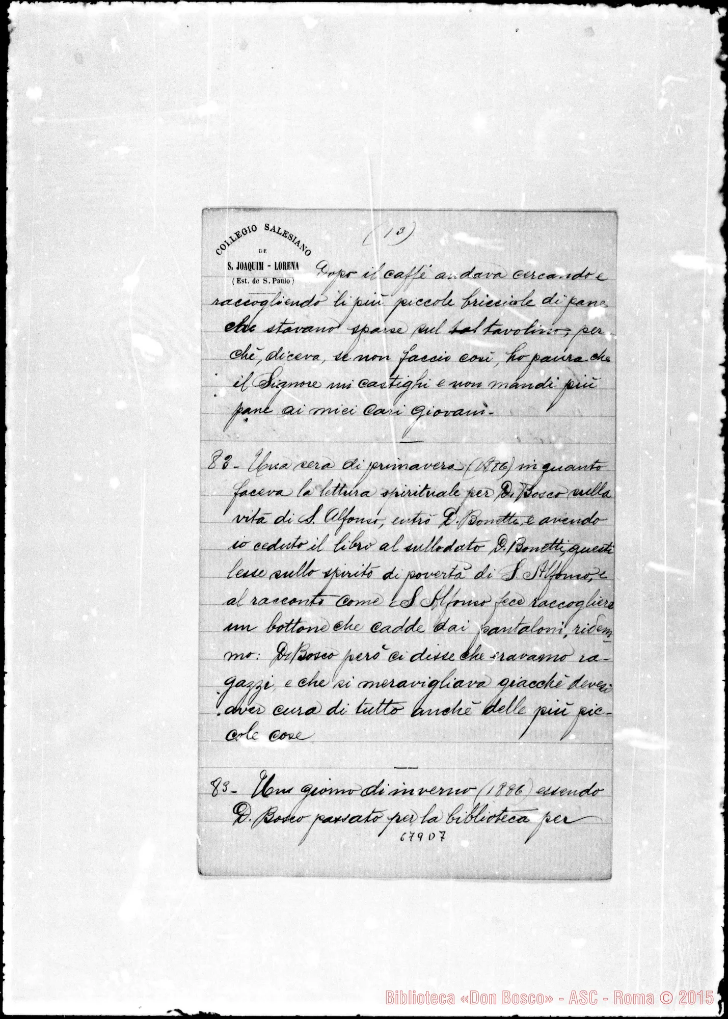 Fotogramma D 7 — Gastaldi Sebastiano: Memorie su D. Bosco. Lorena (Brasile) 3 aprile 1893