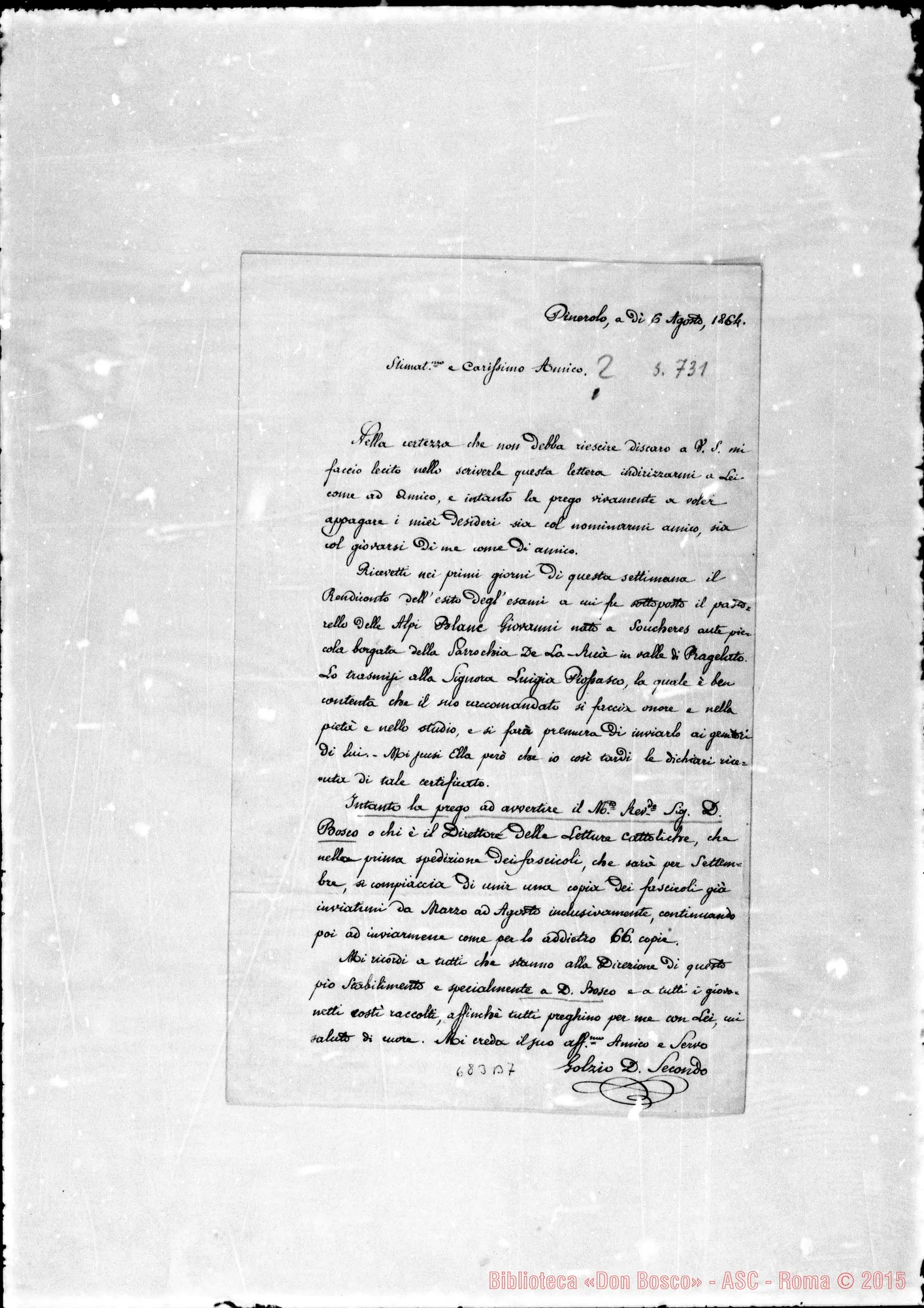 Fotogramma B 7 — Golzio: Eredità Golzio. Lettera di Secondo Golzio-Carissimo amico