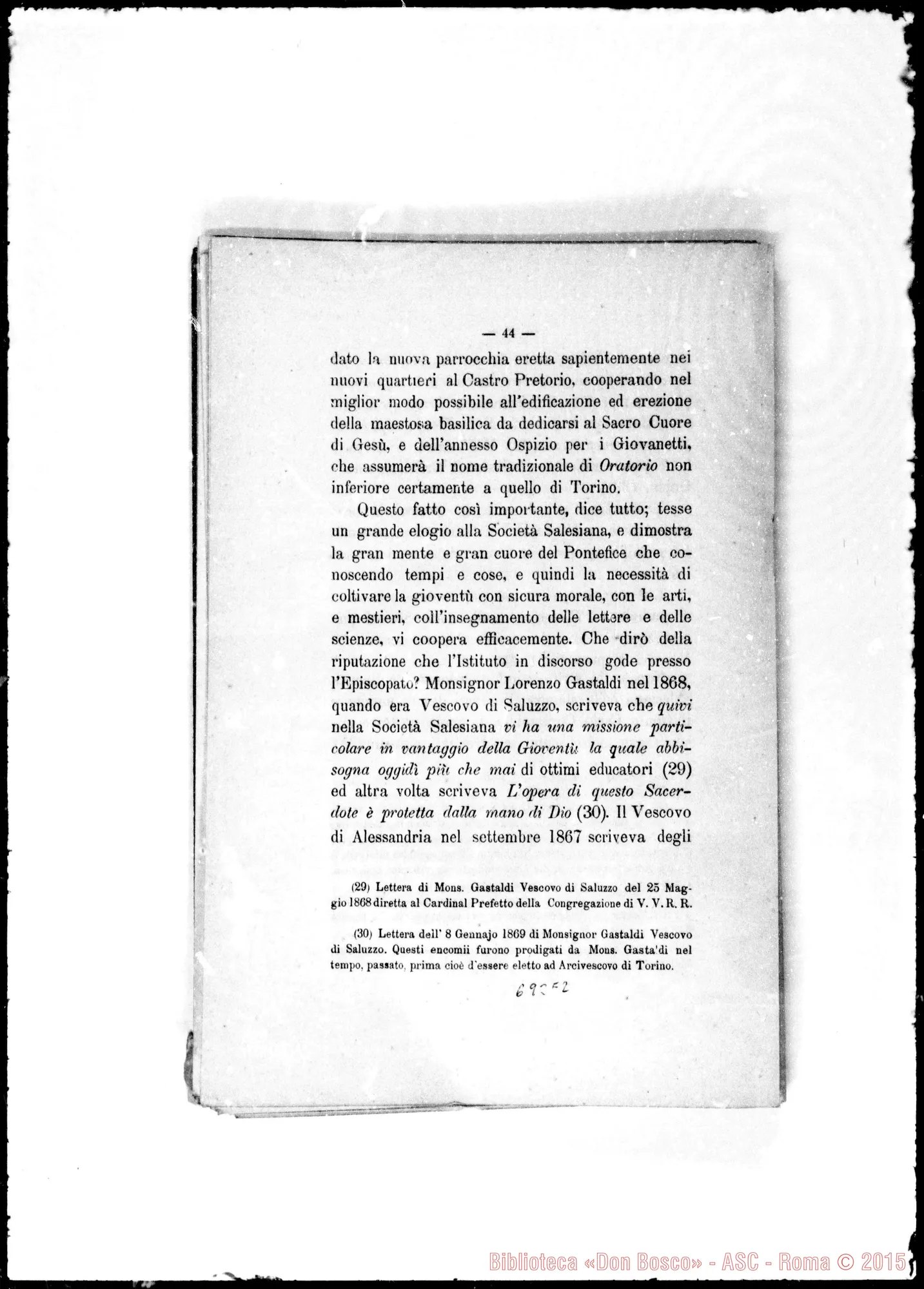 Fotogramma E 2 — Leonori Costantino: «Cenni sulla Società di S. Francesco di Sales…» Stampato r
