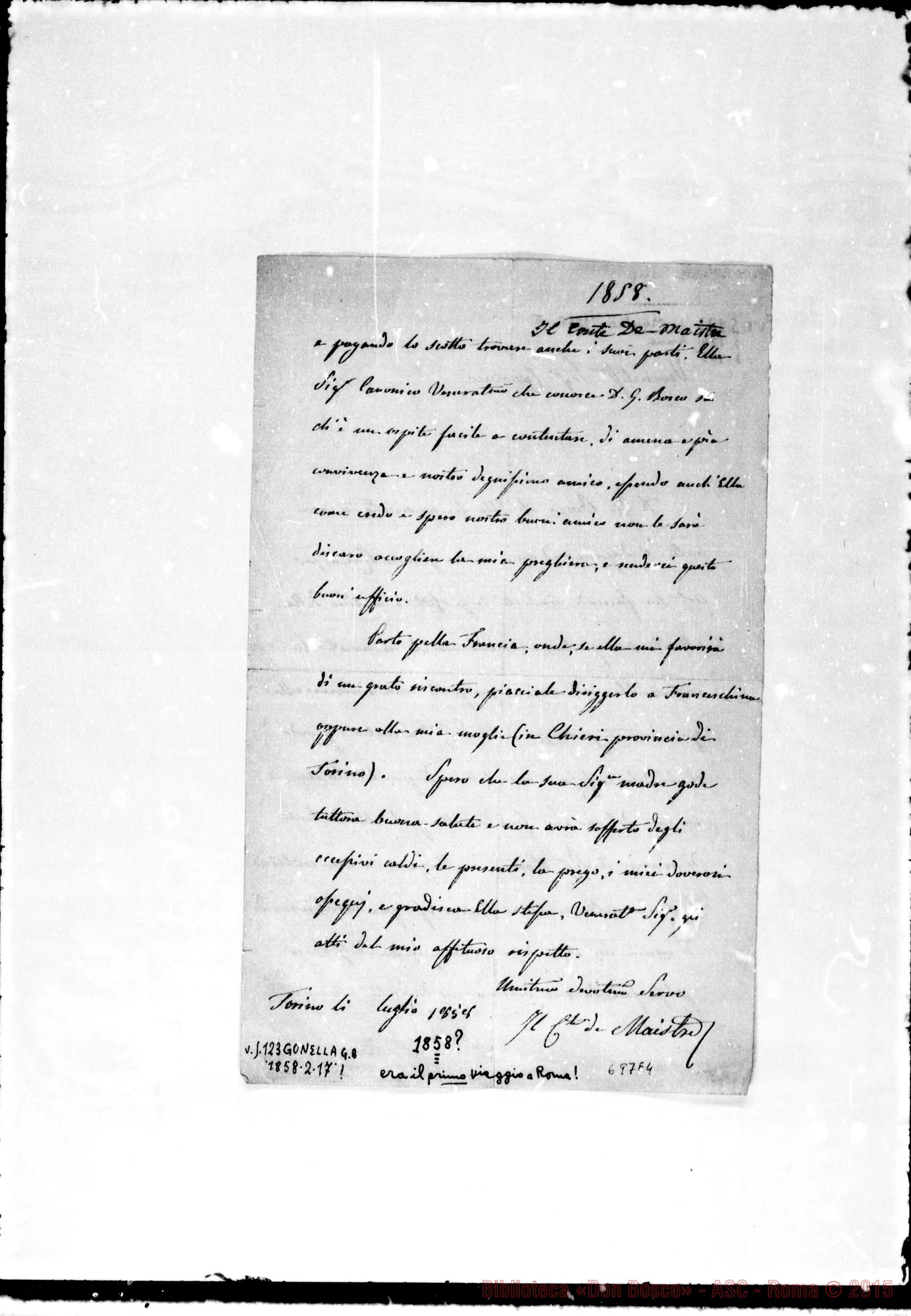 Fotogramma E 4 — Conte de Maistre-Venerat.mo Sig. canonico