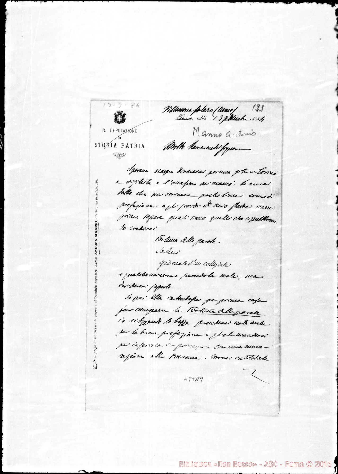 Fotogramma A 9 — Manno Antonio: Lettere: Manno-Molto Rev.do Sig.