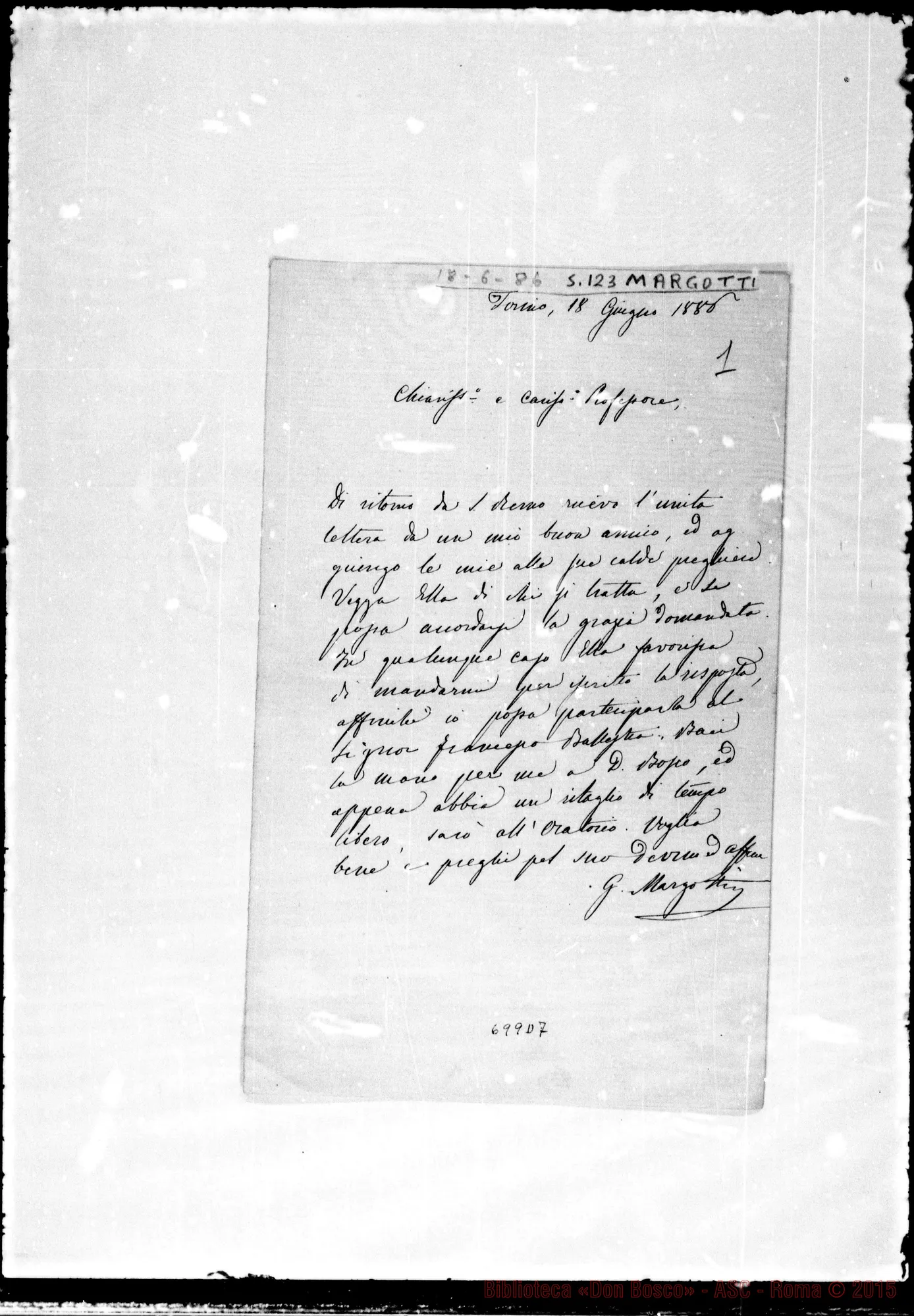 Fotogramma D 7 — Margotti Giacomo, sac. E giornalista. Lettere: Margotti-Carissimo Prof.