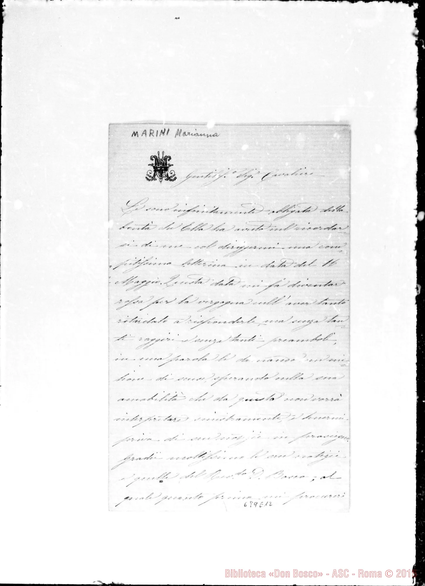 Fotogramma E 12 — Marini Marianna. Lettere: Marianna-Sig. Cavaliere