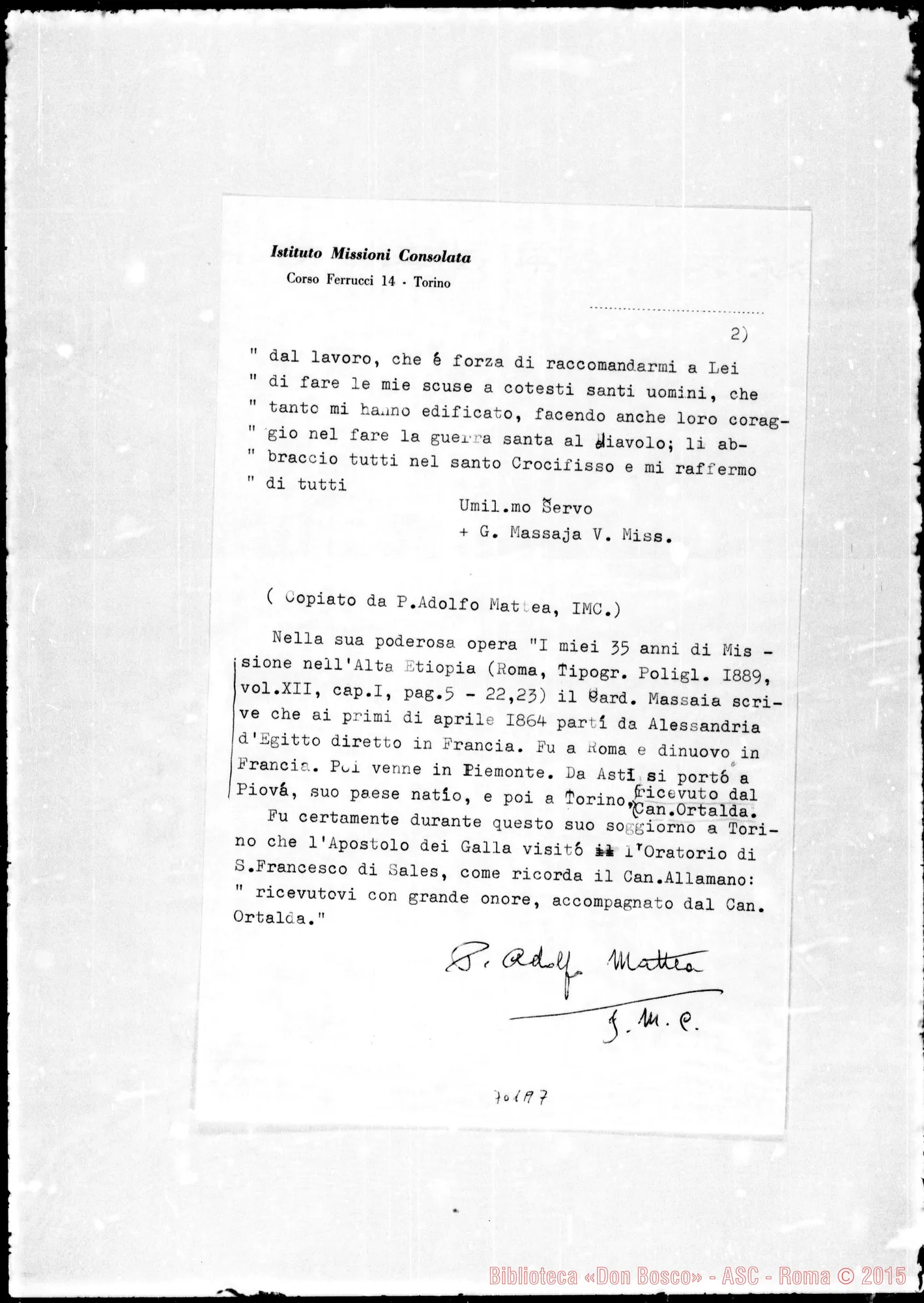 Fotogramma A 7 — Massaja Guglielmo, card.: Card. Massaja-Can. Giuseppe Ortalda. Copia