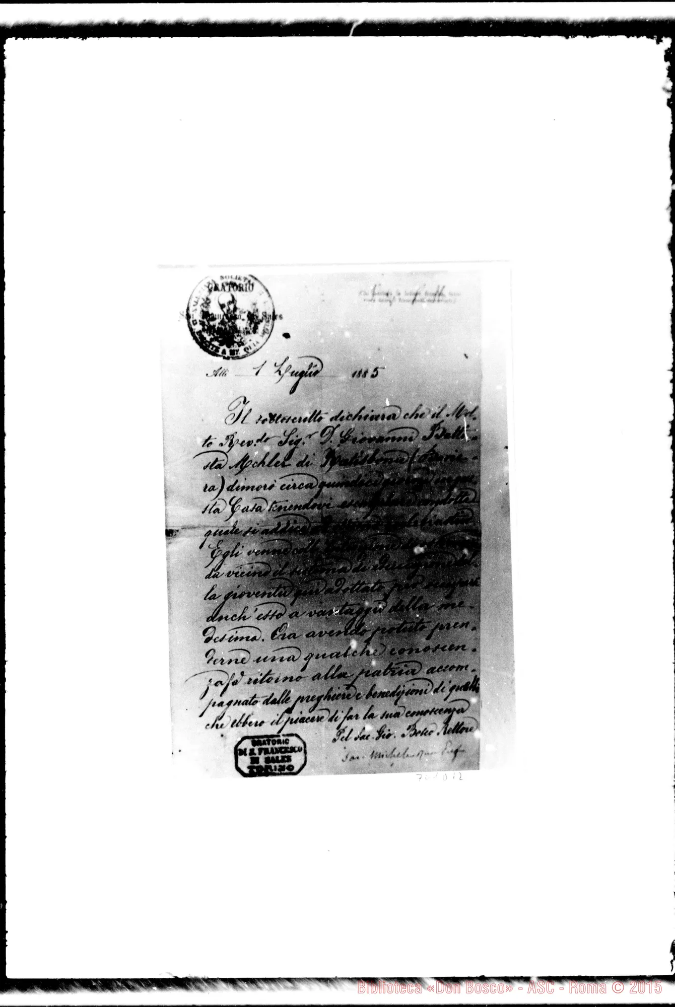 Fotogramma D 12 — Mehler Giovanni Battista, sac.: Attestato in suo favore