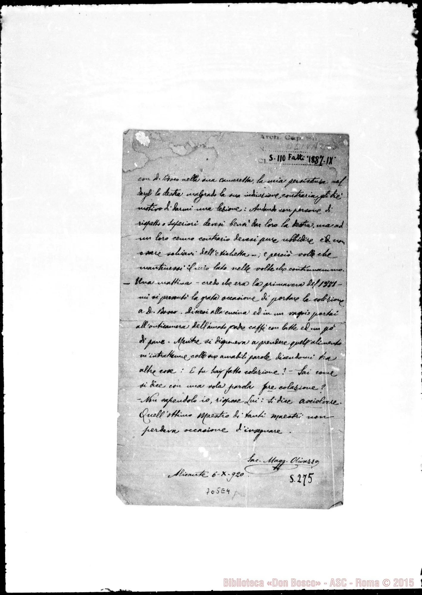 Fotogramma E 4 — Olivazzo Maggiorino, sac. SDB. Relazione: fatti della vita di D. Bosco