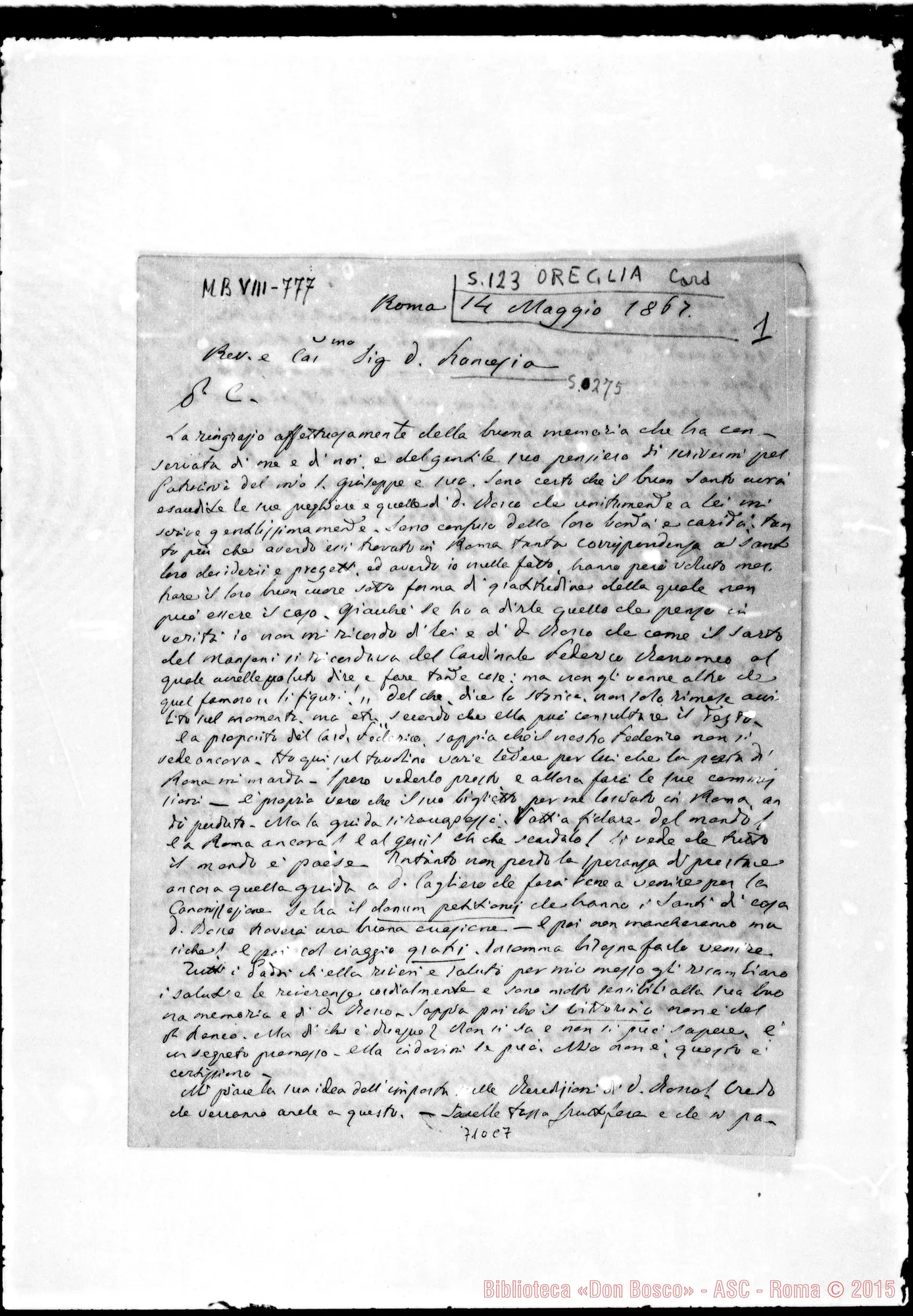 Fotogramma C 7 — Oreglia di Sto. Stefano Luigi, card. Lettere: Oreglia-Francesia