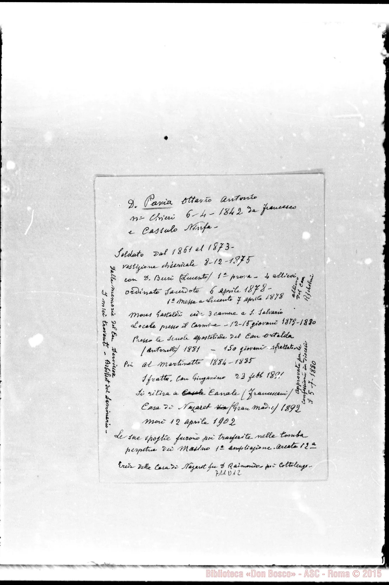 Fotogramma D 12 — Pavia Ottavio Antonio. Note biografiche di D. Pavia