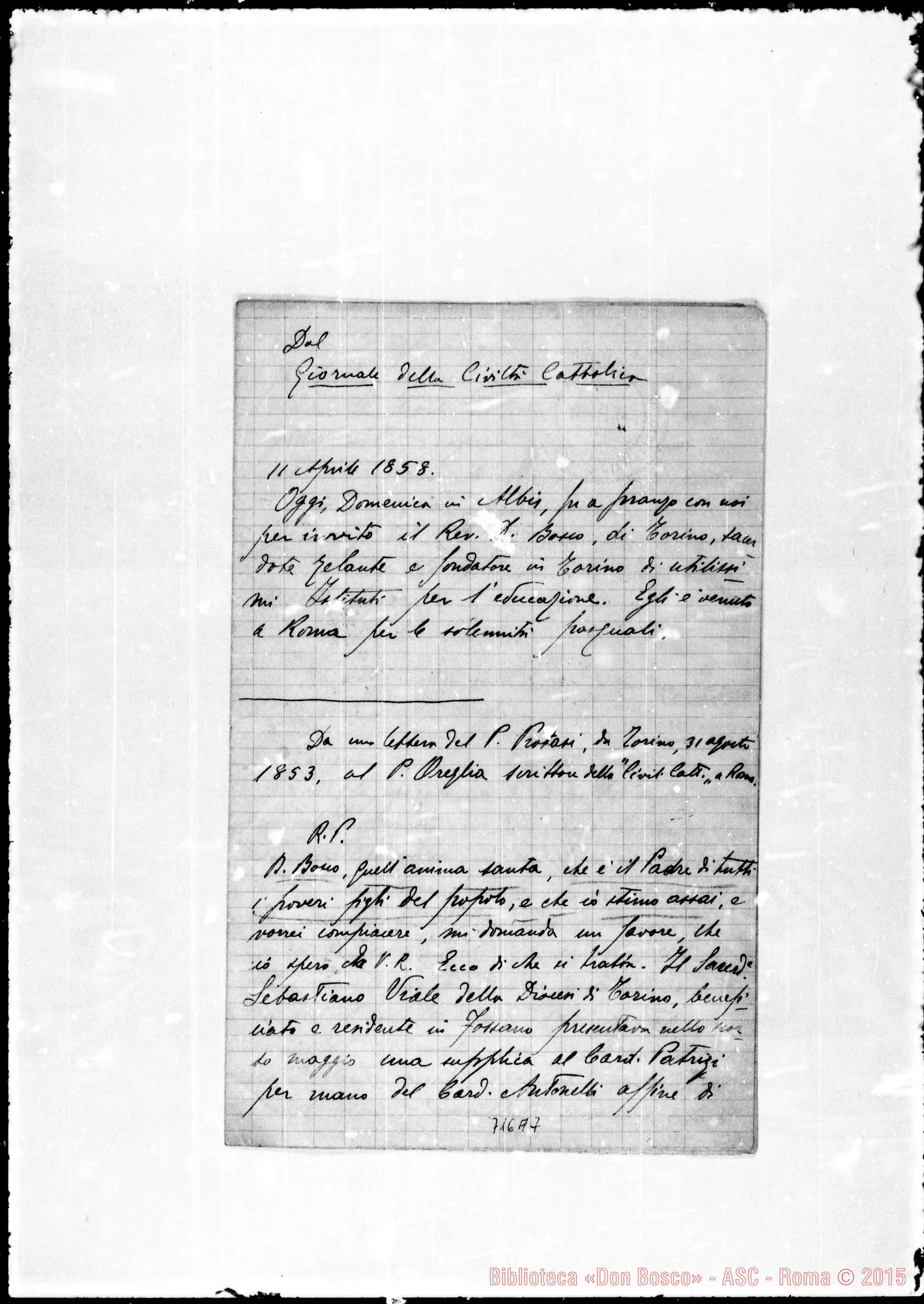 Fotogramma A 7 — Protasi Giulio, S.l. Estratti di lettere al P. Giuseppe Oreglia