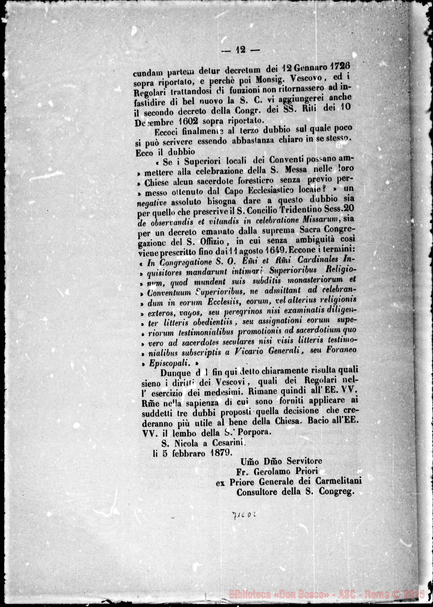 Fotogramma D 2 — Randi Lorenzo llarione, card.: «Sacra Congr. de’ VV. E RR…»