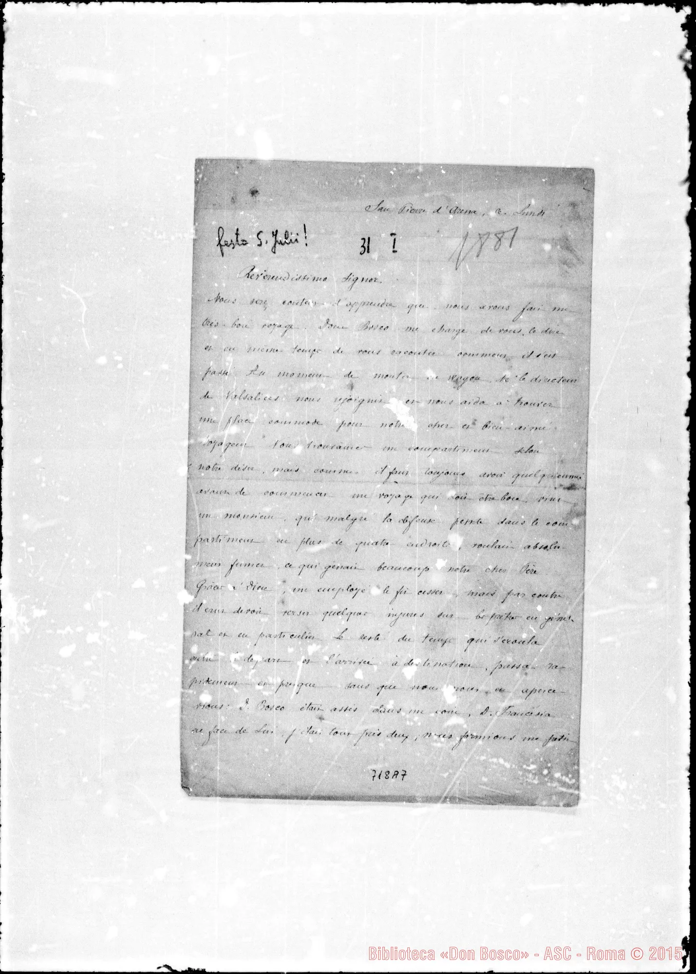 Fotogramma A 7 — Reimbau Giulio, eh. SDB. Lettere: Reimbeau-Rev.mo Signore