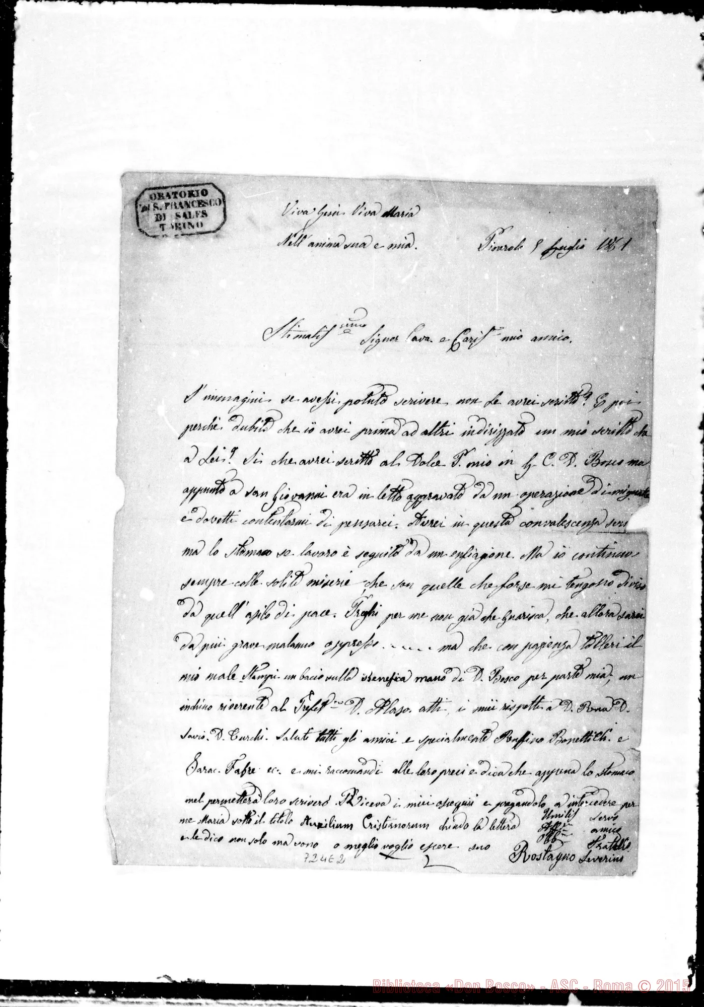 Fotogramma E 2 — Rostagno Severino. Lettera al Cav. Oreglia