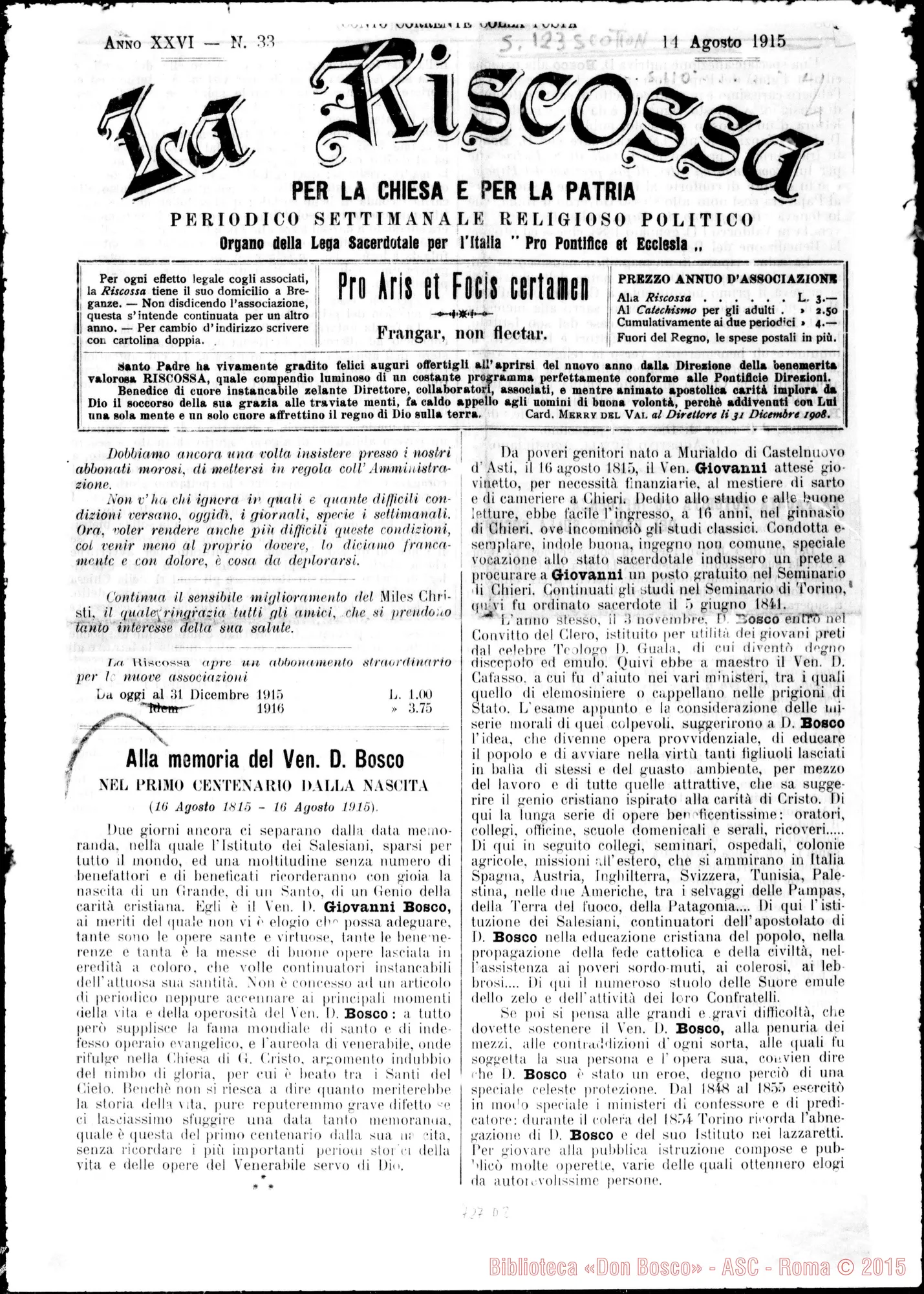 Fotogramma D 2 — «La Riscossa»: Alla memoria del Ven. D. Bosco