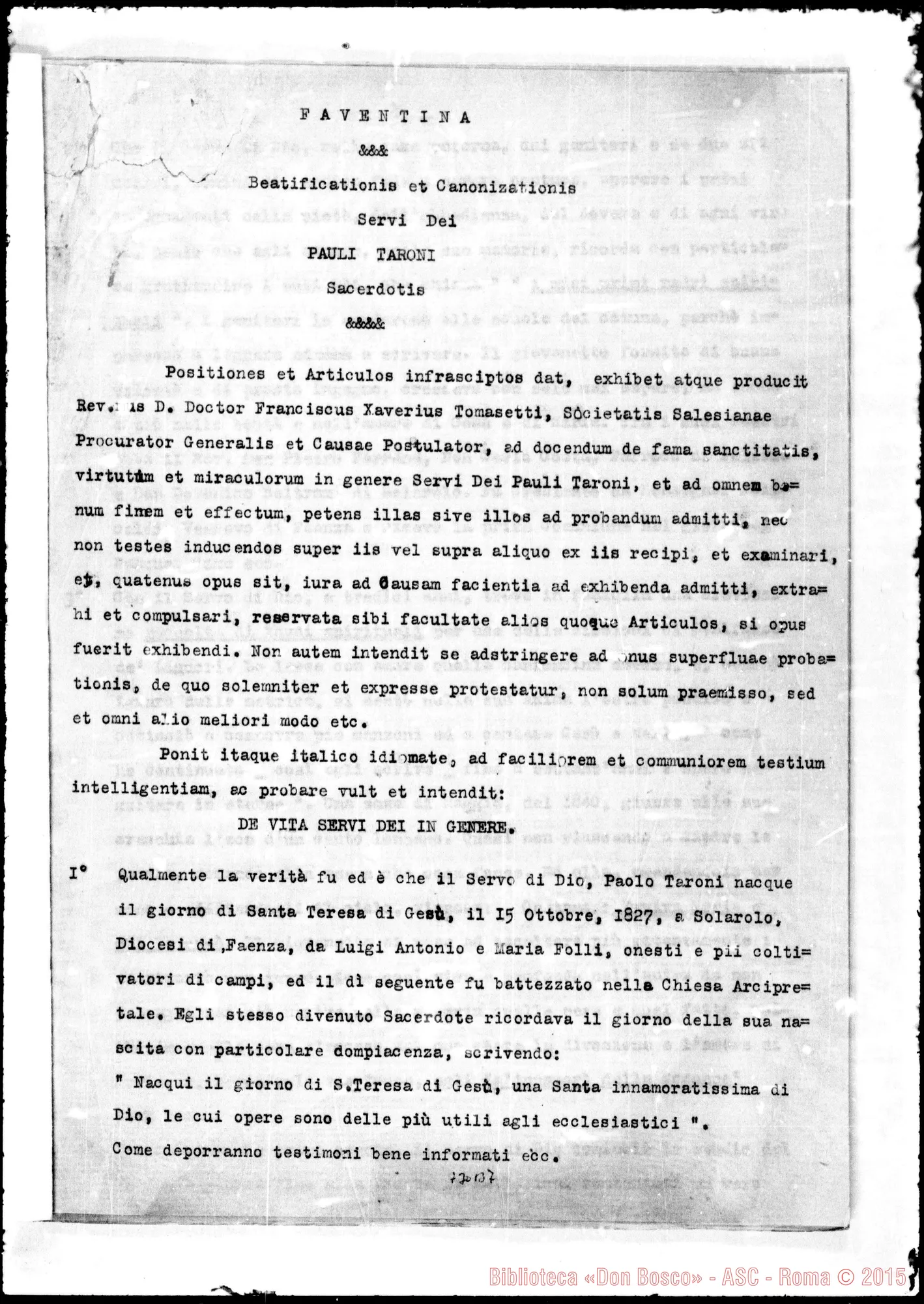 Fotogramma B 7 — Beatificationis et Canonizationis Servi Dei Pauli Taroni…