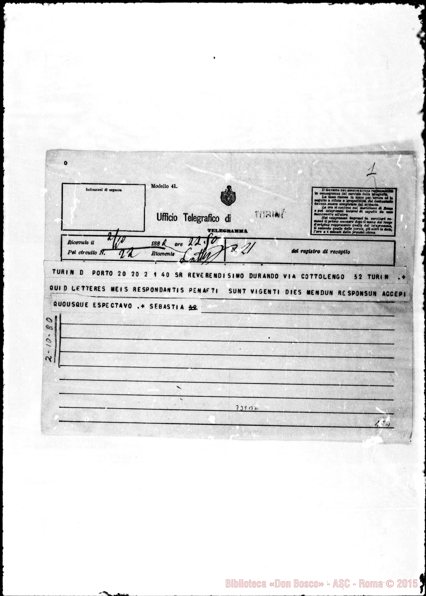 Fotogramma B 2 — Vasconcellos Leite Sebastiano, vesc. Lettere: Vasconcellos-Durando. Telegramma