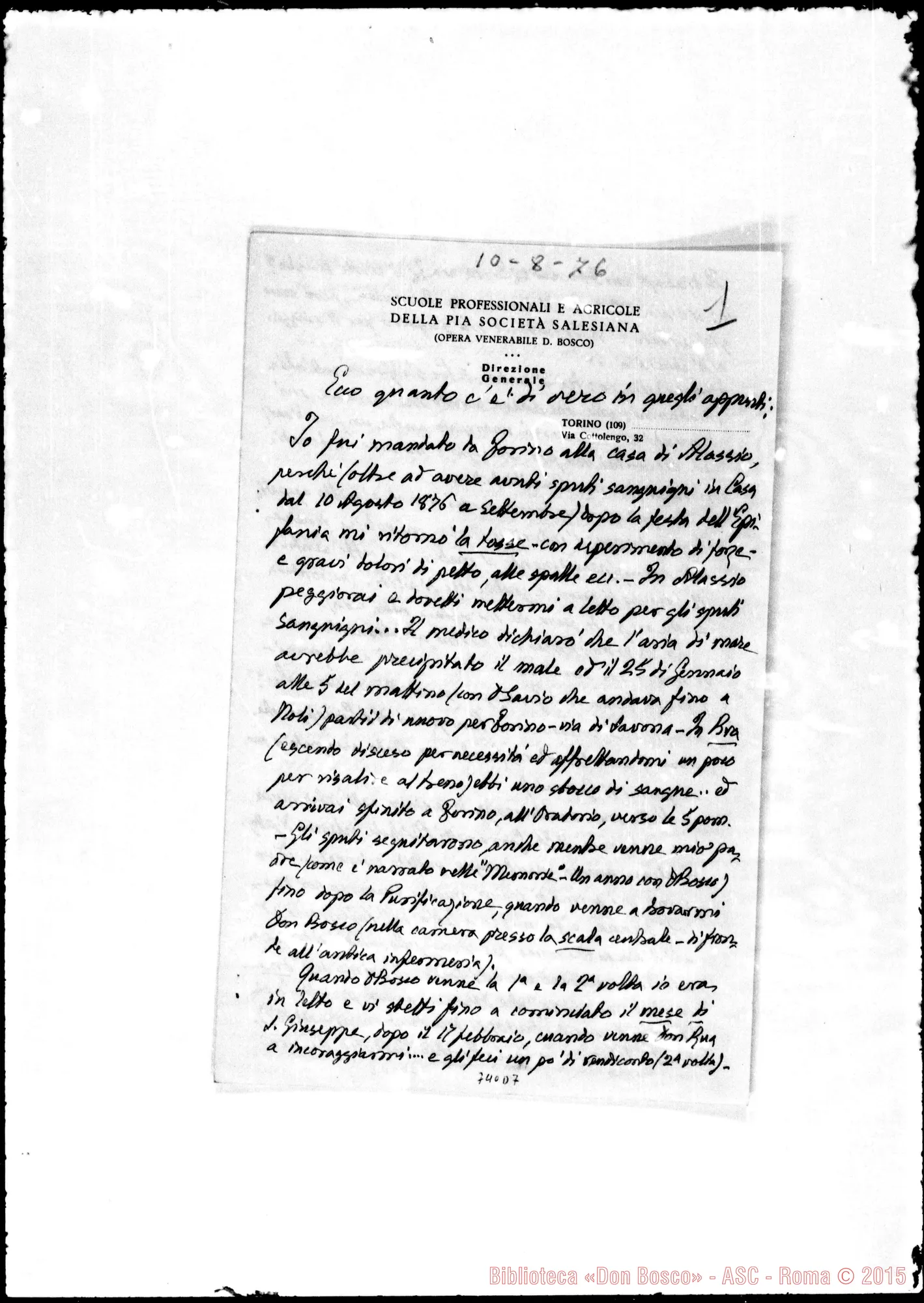 Fotogramma D 7 — Vespignani Giuseppe, sac. SDB. Relazione: «Ecco quanto…»