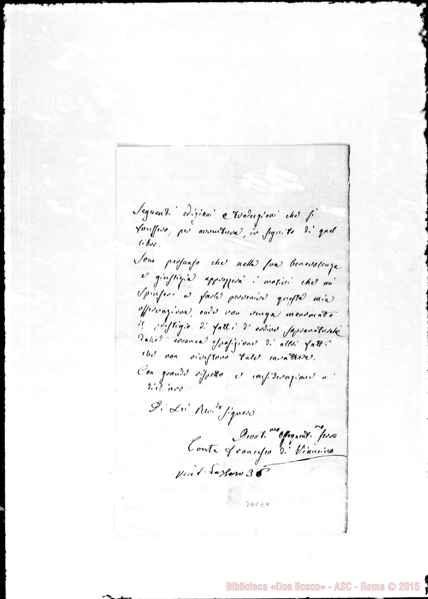 Fotogramma E 9 — Viancino Francesco, conte. Lettera A Don Bosco Autogr. Bosco