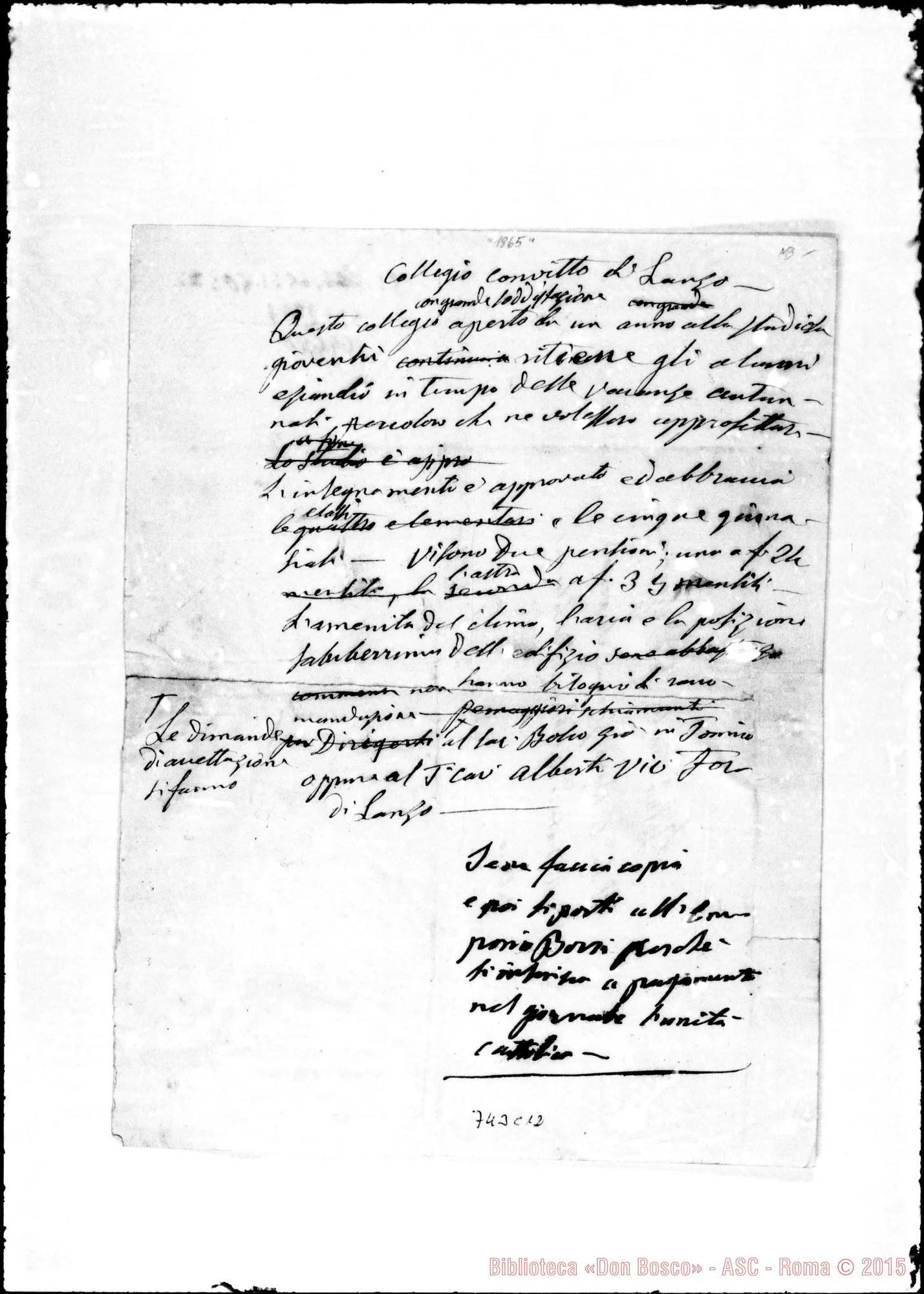 Fotogramma C 12 — Lanzo: «Questo collegio aperto da un anno…» Ms. Bosco. 1865