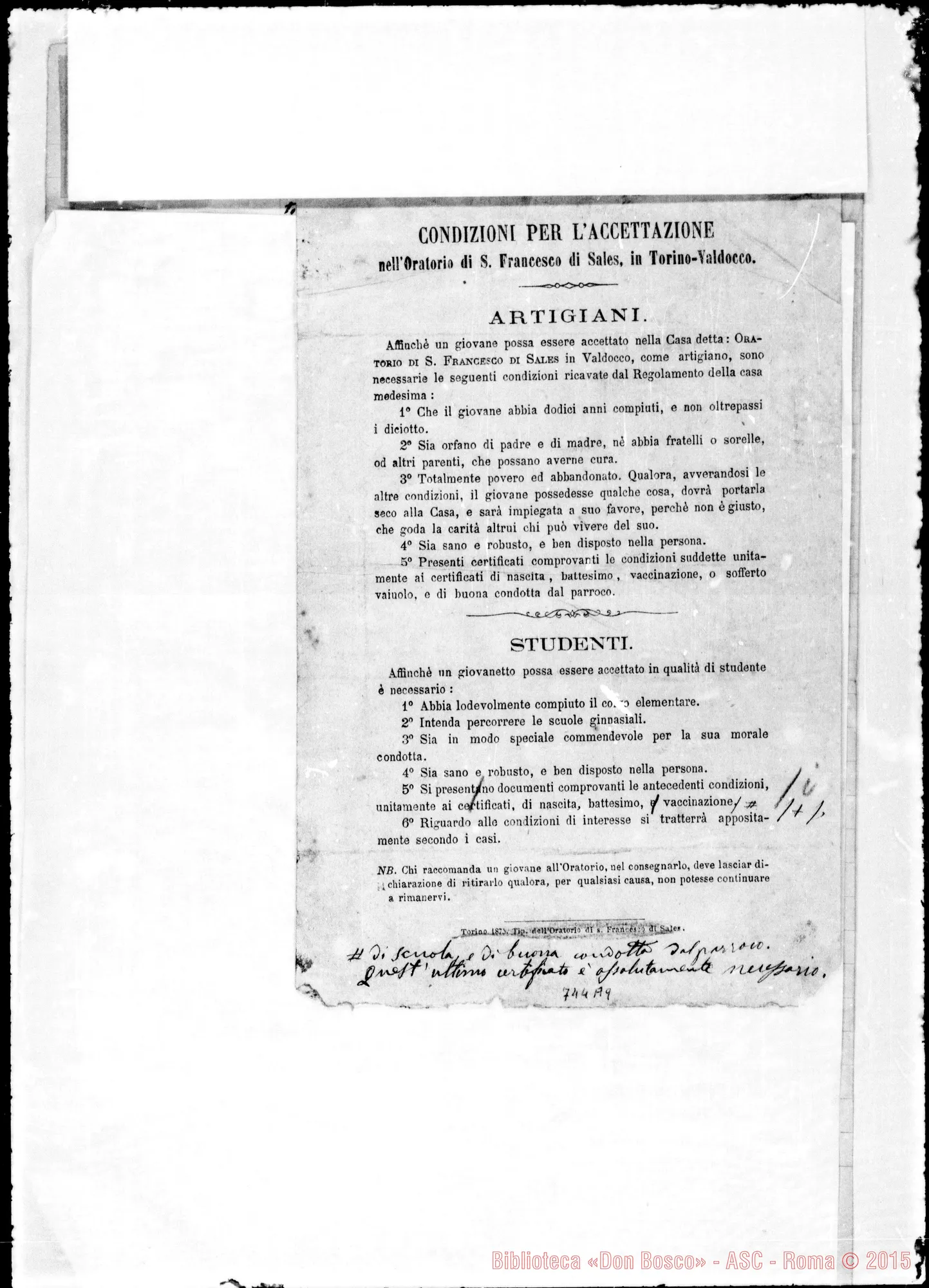 Fotogramma A 9 — Torino: Oratorio Valdocco: Condizioni per l’accettazione. Stampato e aggiunte Bosco