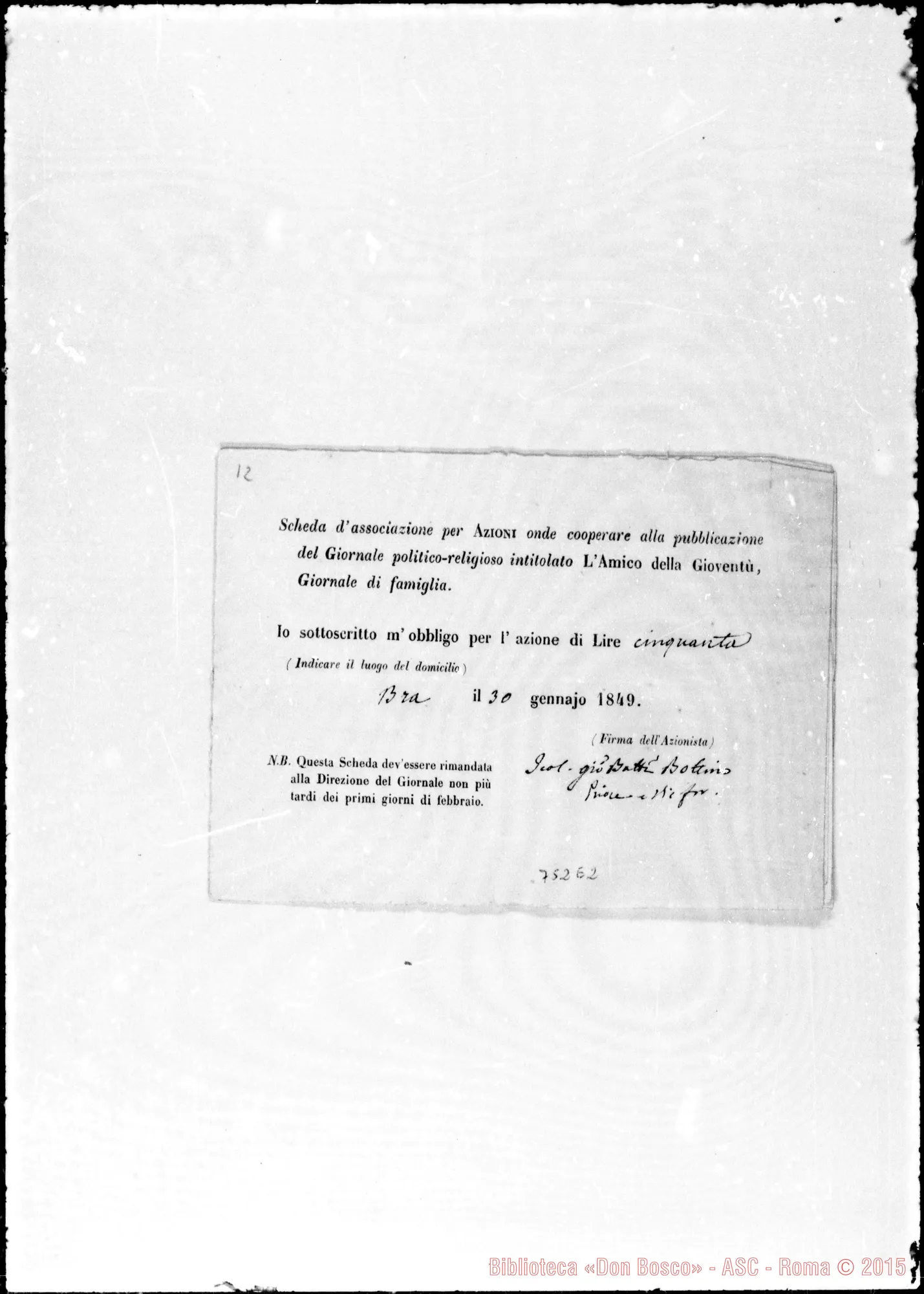 Fotogramma E 2 — Schede d’associazione per Azione onde cooperare… Giornale politico- religioso