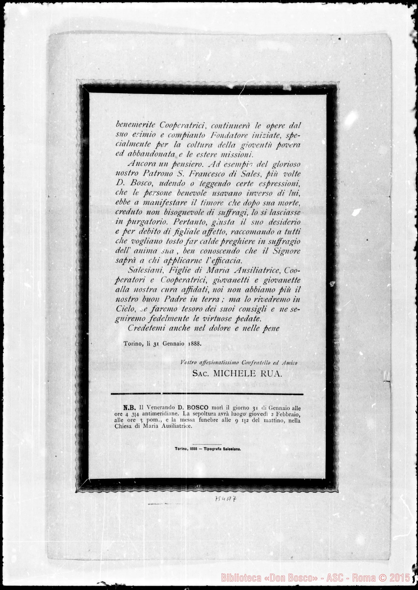 Fotogramma A 7 — Circolare di D. Rua ai Salesiani E Figlie di Maria Ausiliatrice. Stampato