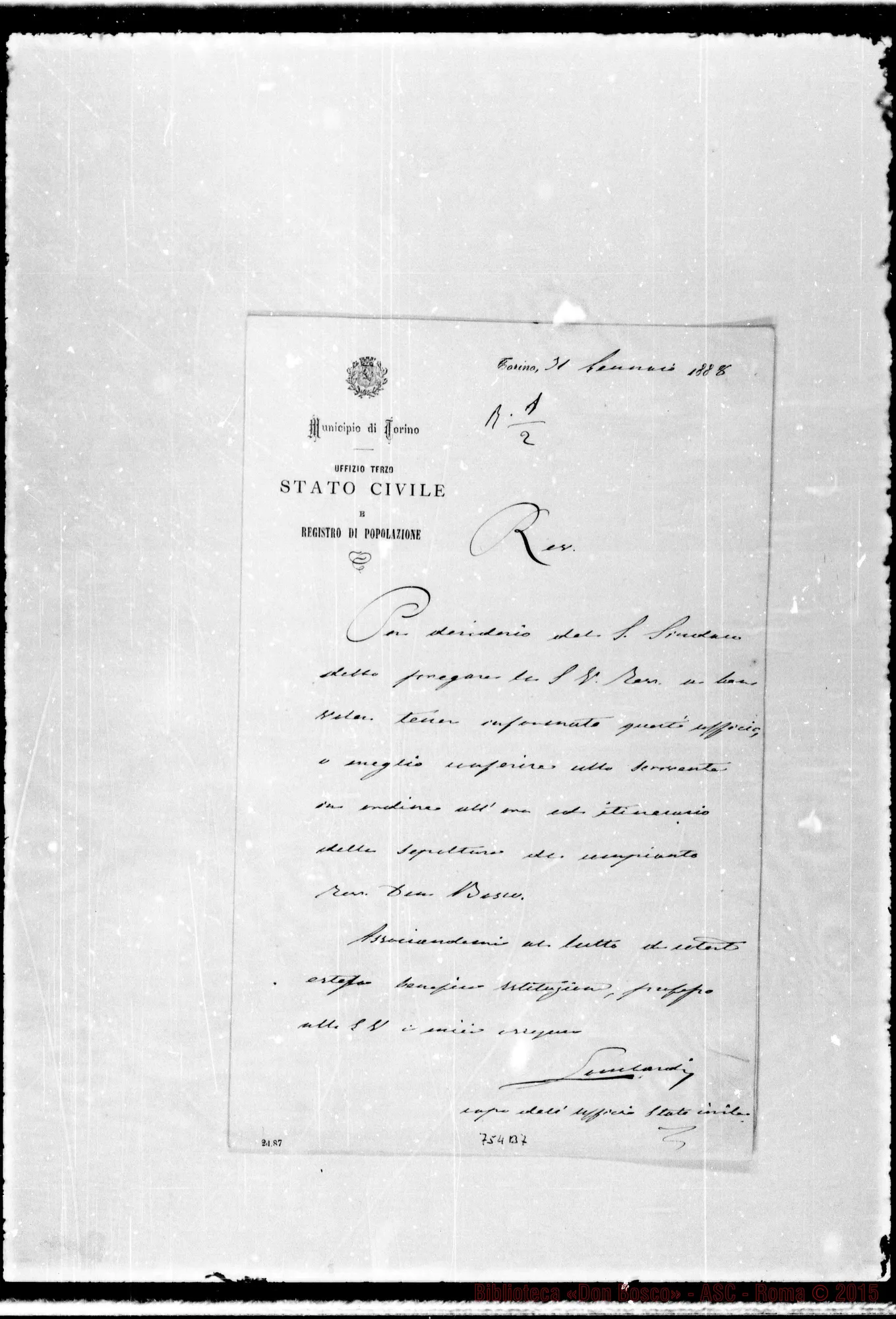 Fotogramma B 7 — Capo degli Uffici Municipio di Torino A Rev.do