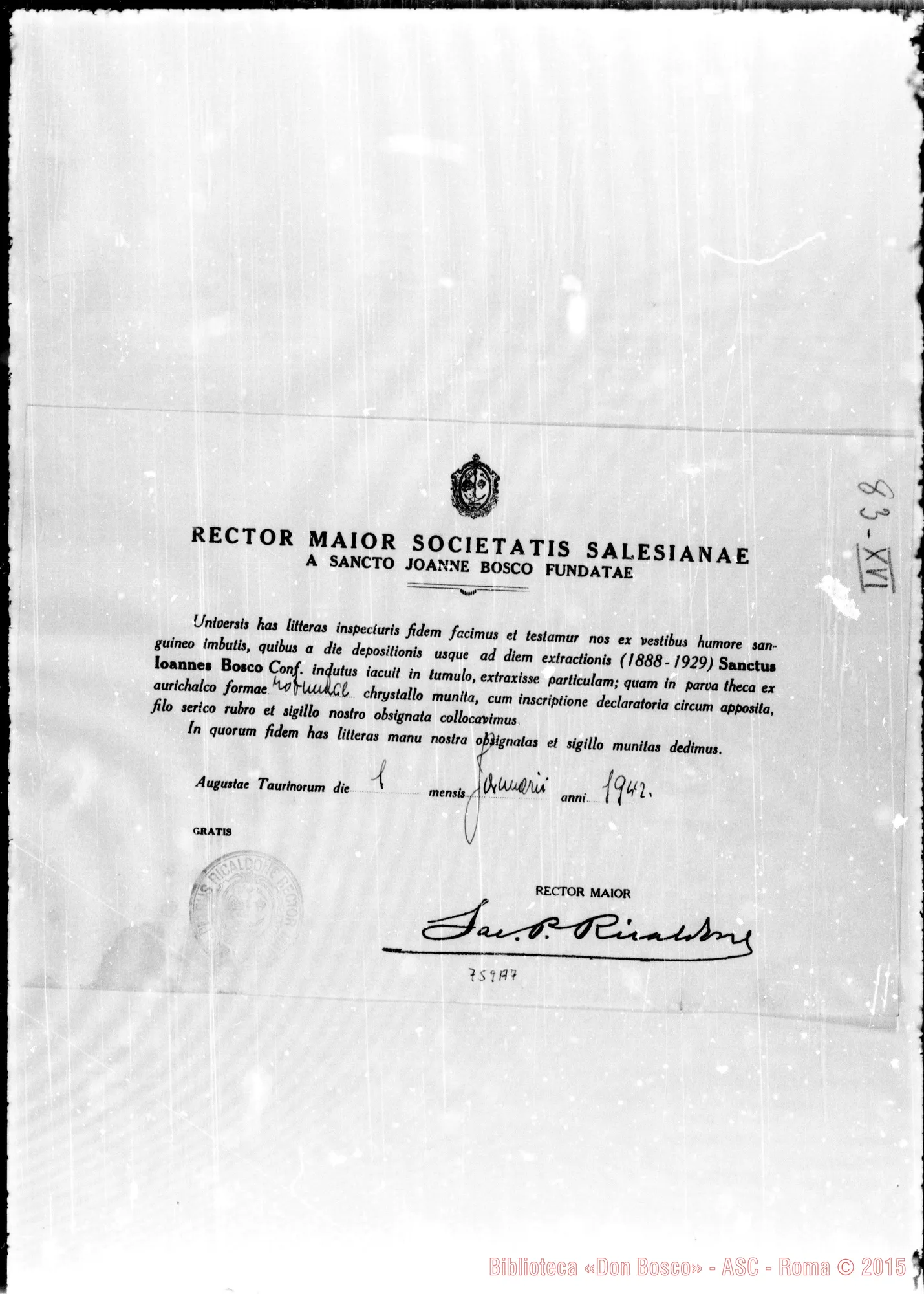 Fotogramma A 7 — 1938: Autentica delle reliquie da D. Rinaldi, Rettor Maggiore