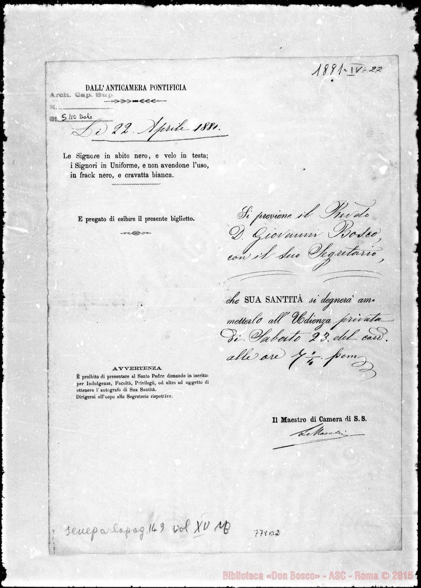 Fotogramma B 2 — Biglietto per l’accesso. Anno 1881