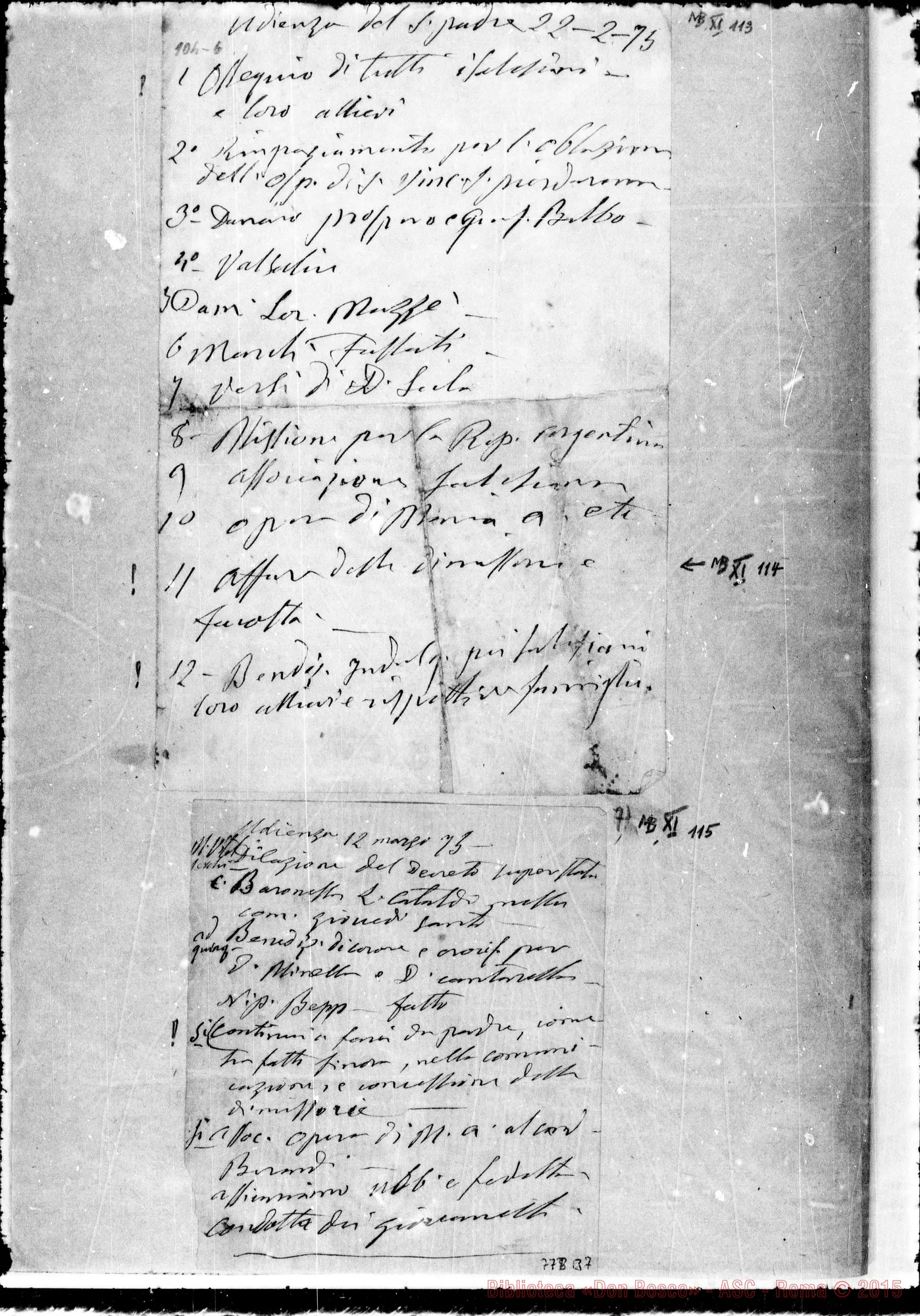Fotogramma B 7 — Minuta per udienza del 12-3-1875. «Dilazione del Decreto…» Ms. Bosco