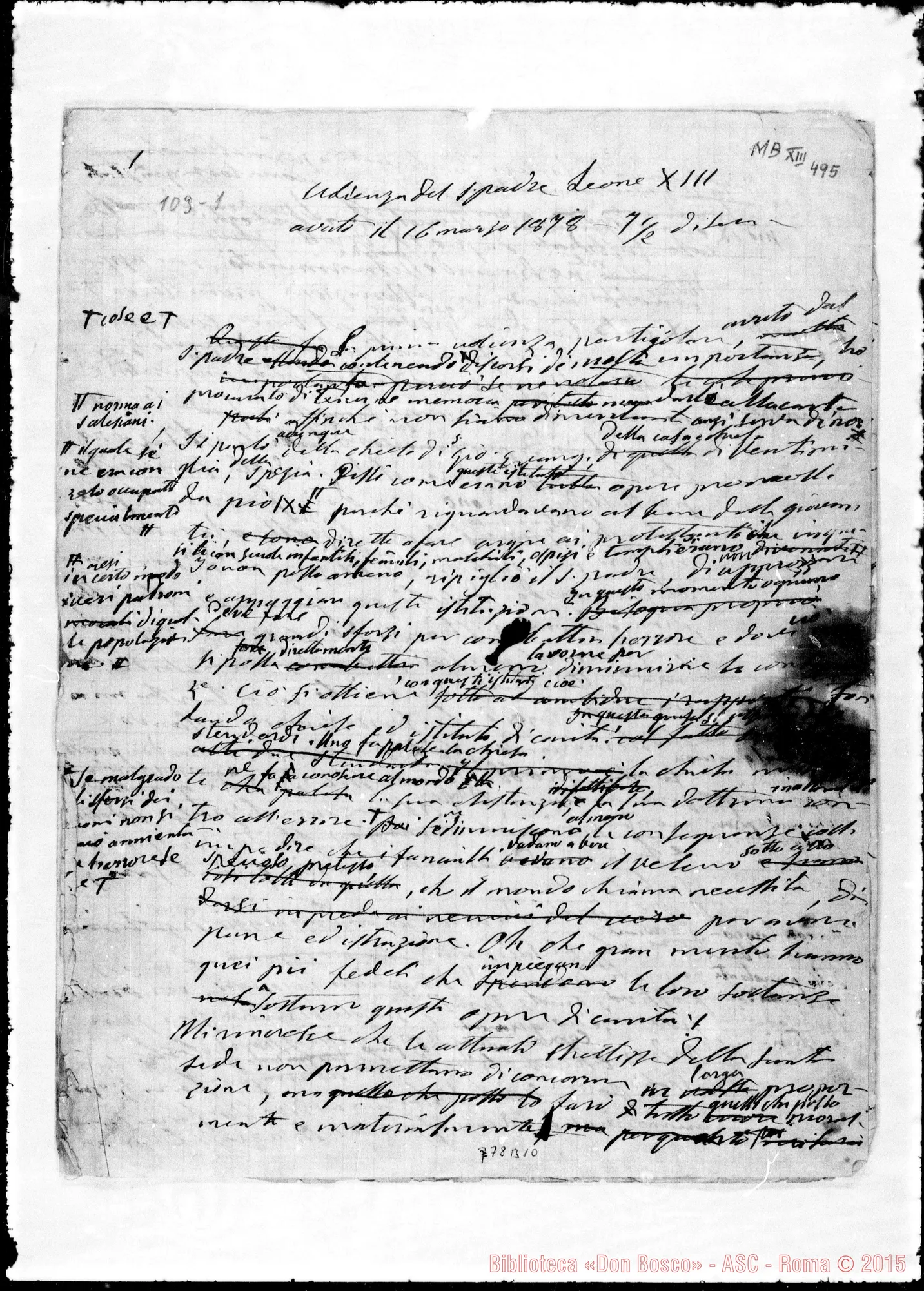 Fotogramma B 10 — Udienza del S. Padre Leone XIII avuta il 16 marzo 1878 W2 di sera. Ms. Bosco