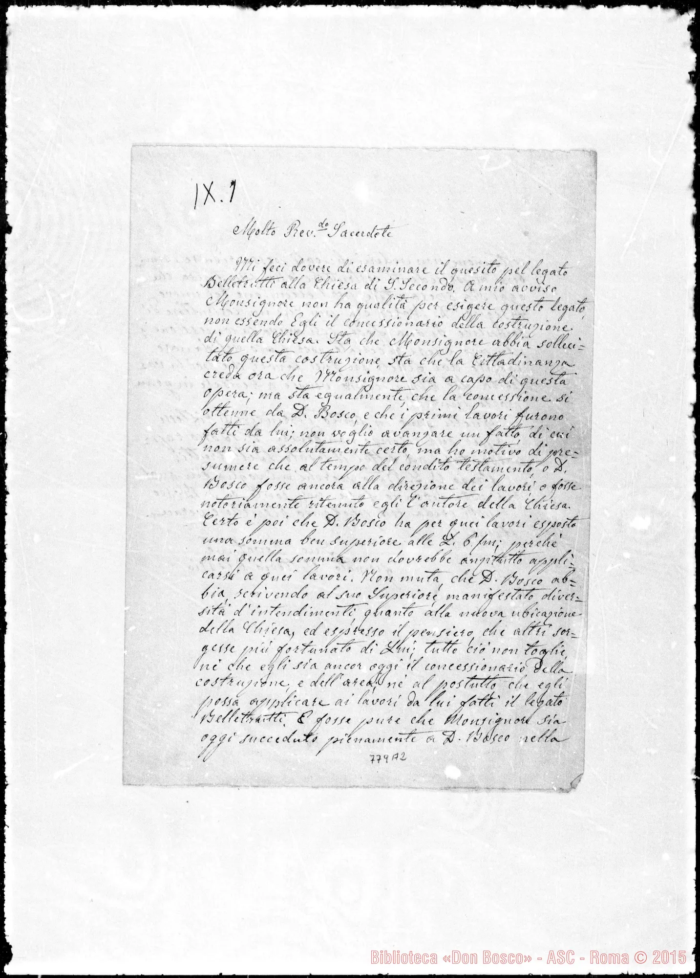 Fotogramma A 2 — Lettera: Vittorio Alessio-Molto Rev.do Sr. Sacerdote