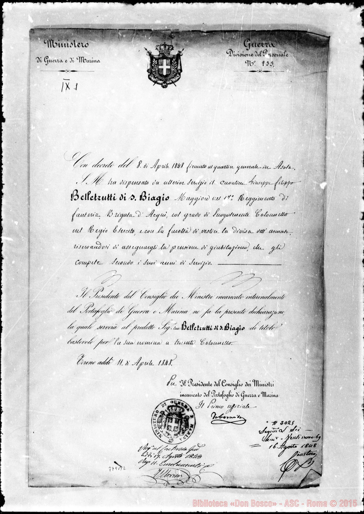 Fotogramma B 2 — Ministero della Guerra: Attestato in favore di Belletrutti
