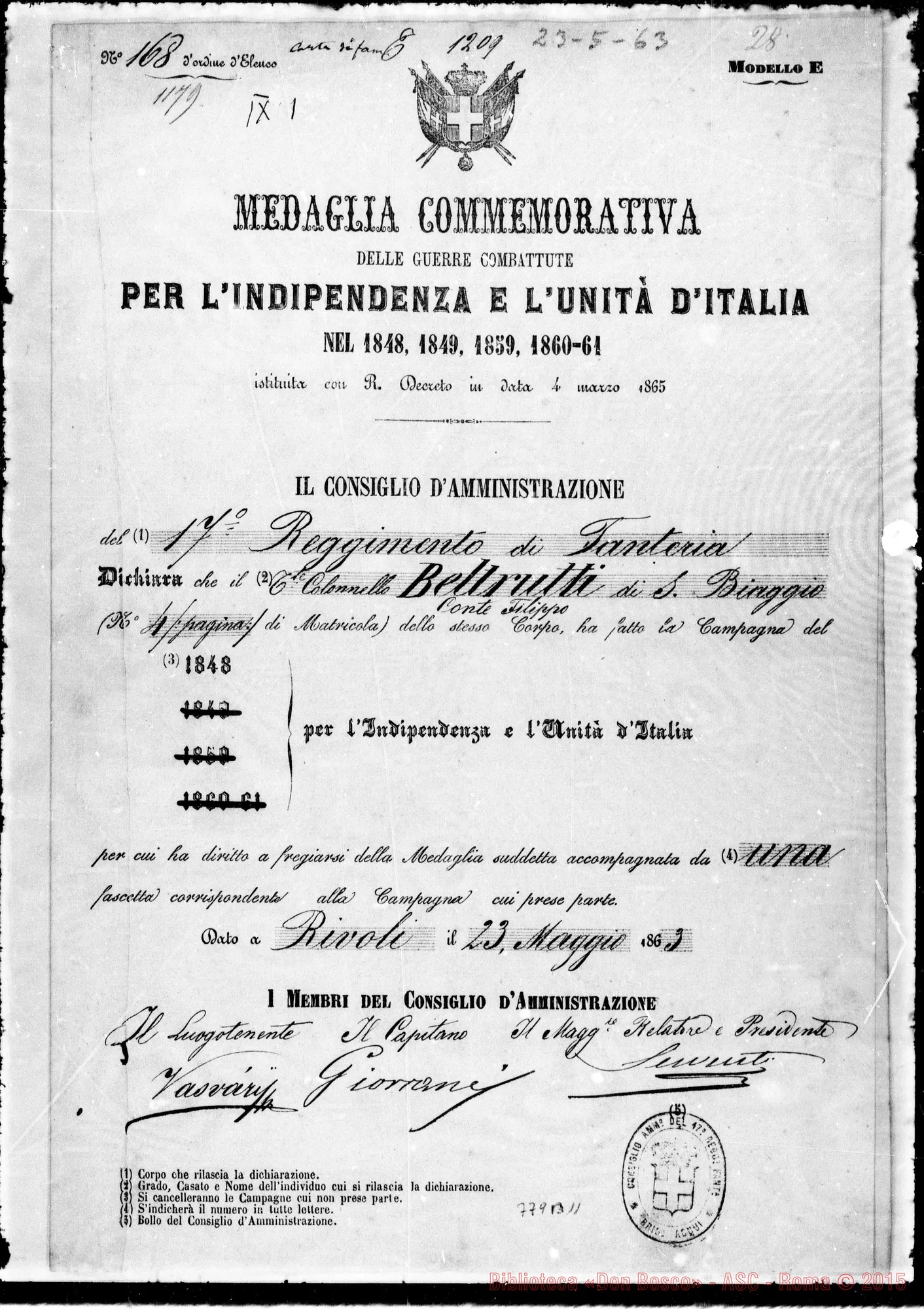Fotogramma B 11 — Medaglia commemorativa delle guerre combattute A Biagio