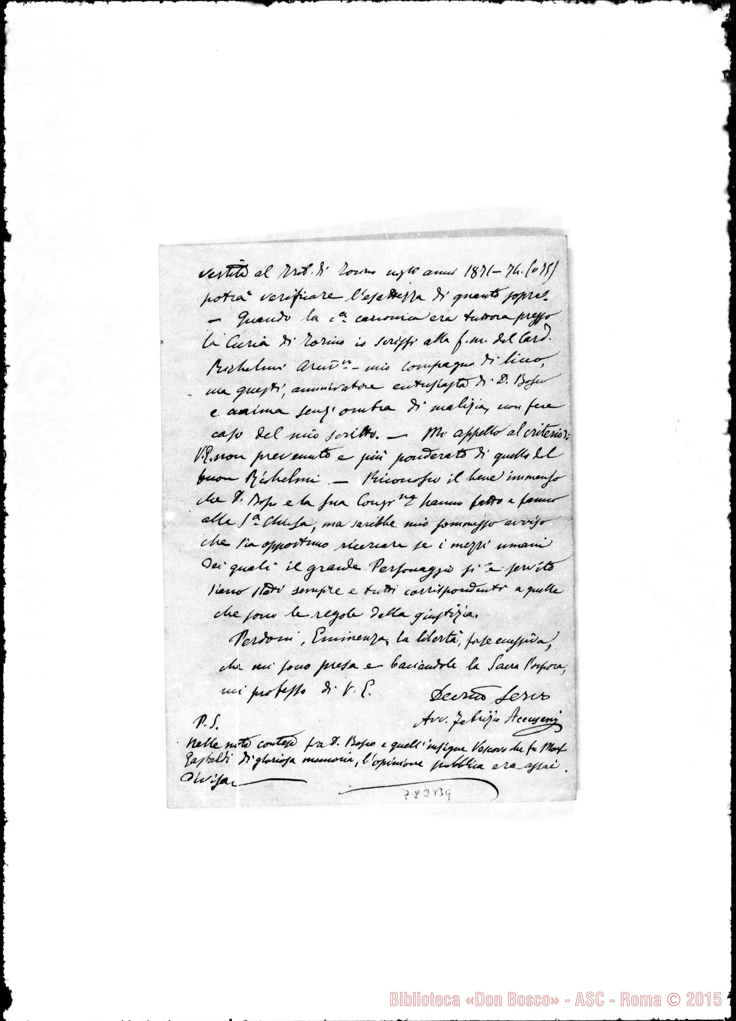 Fotogramma B 9 — Lettera: Avvocato Accusani-Eminentissimo Principe. 11-2-1878