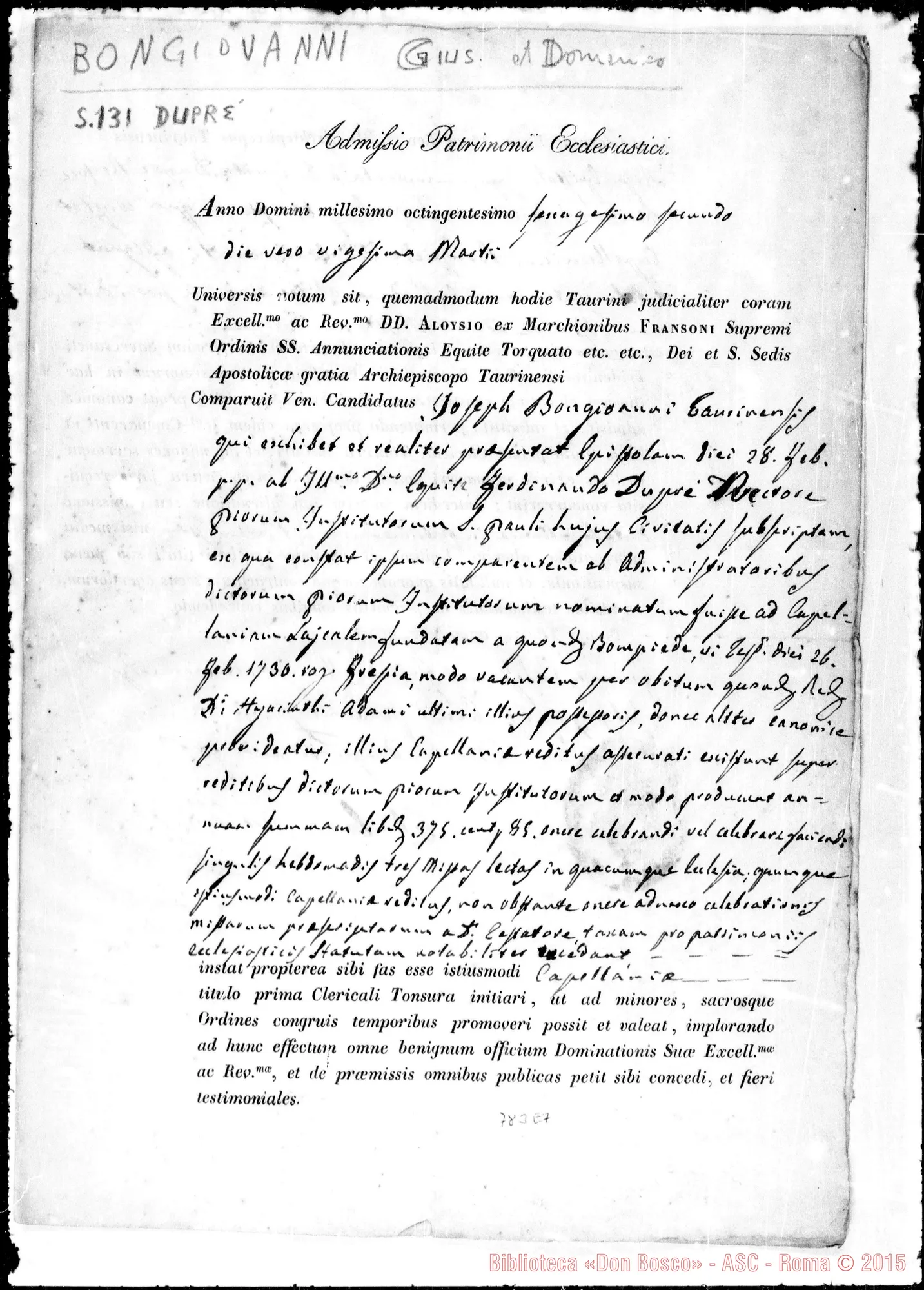 Fotogramma E 7 — Admissio Patrimonii Ecclesiastici in favore di D. Bongiovanni